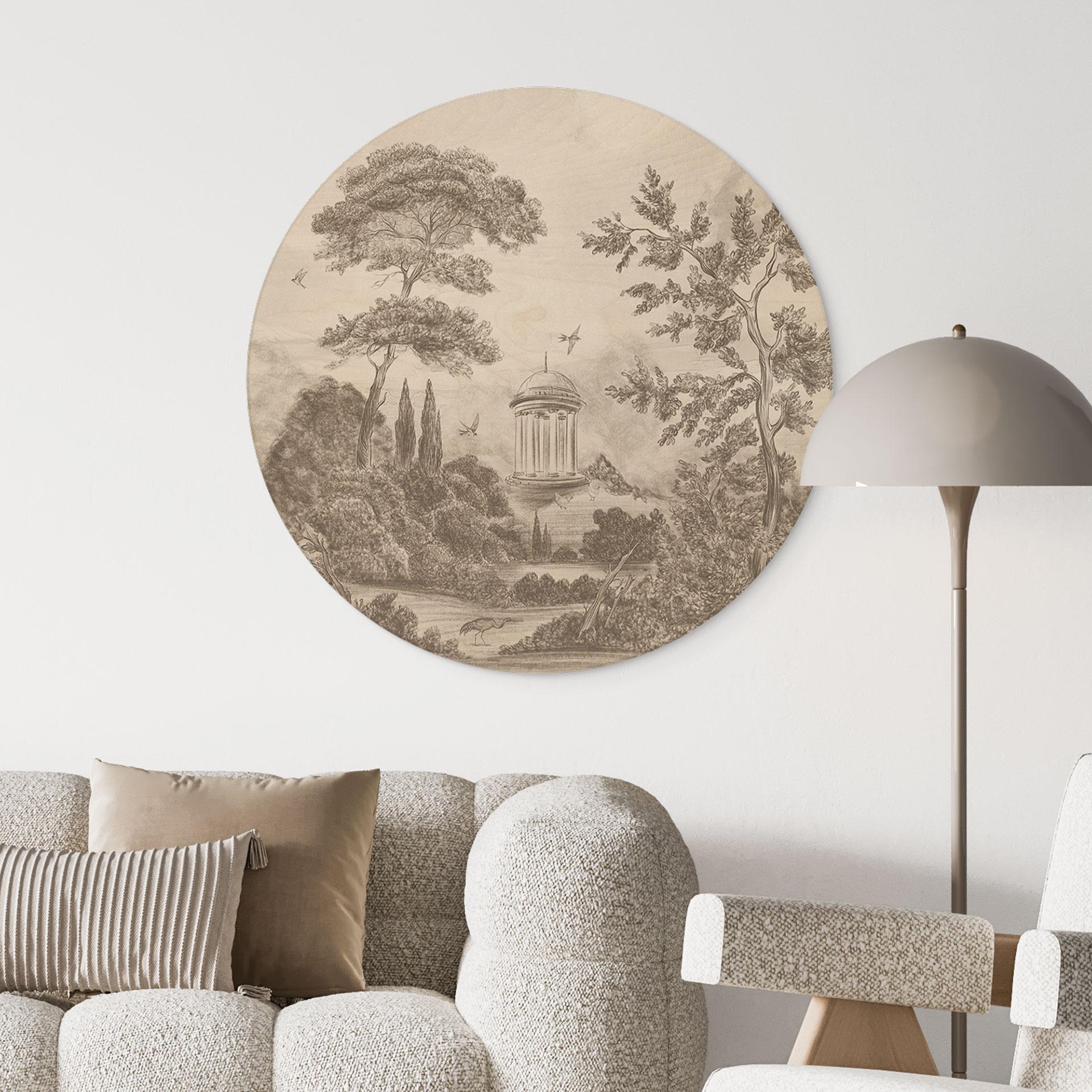 Holzbild Landschaft mit Gartenlandschaft in Beige - Ms Tiff - Rund