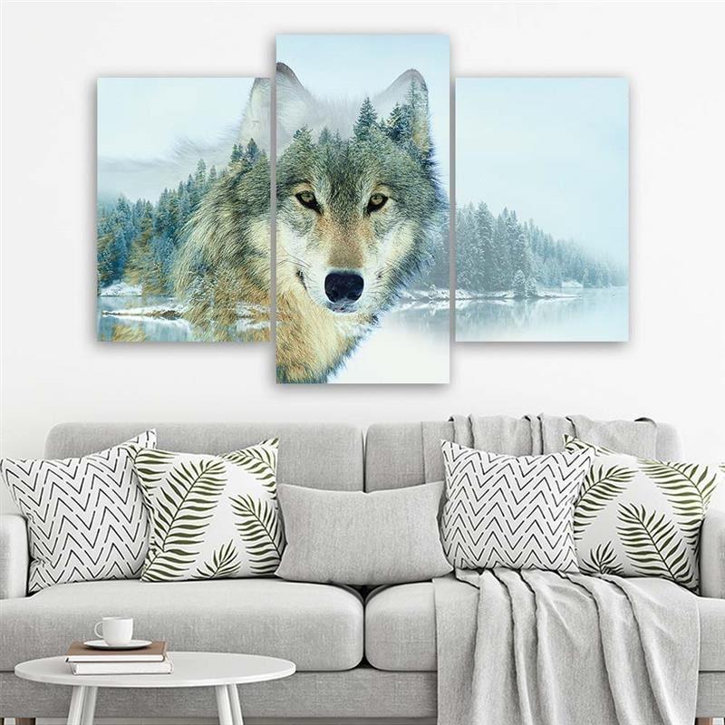 3-delige canvas print, Wolf Forest Mountains Nature