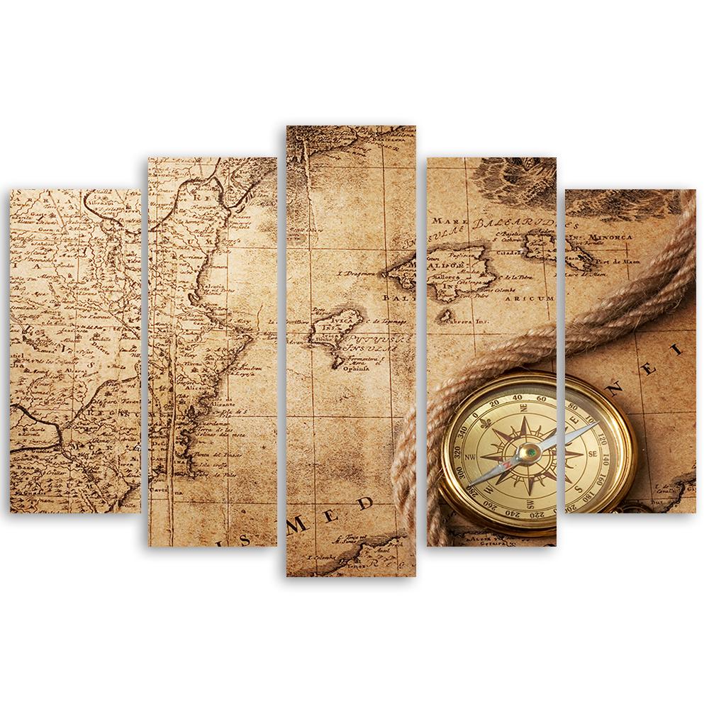 5-delige canvas print, wereldkaart retro vintage