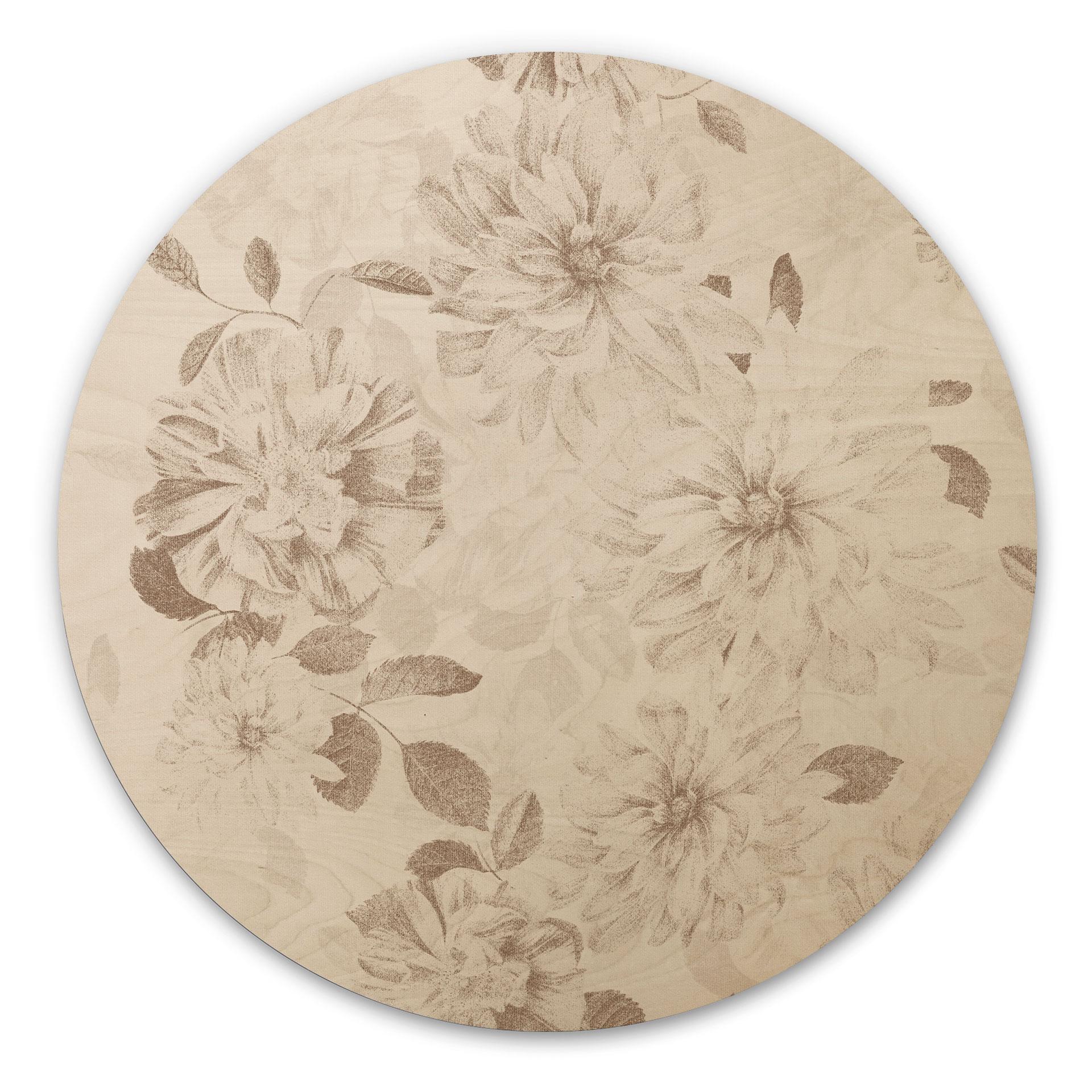 Trätavla Dahlior Shabby Chic Beige - Blomstersmycke - Dekor - Rund