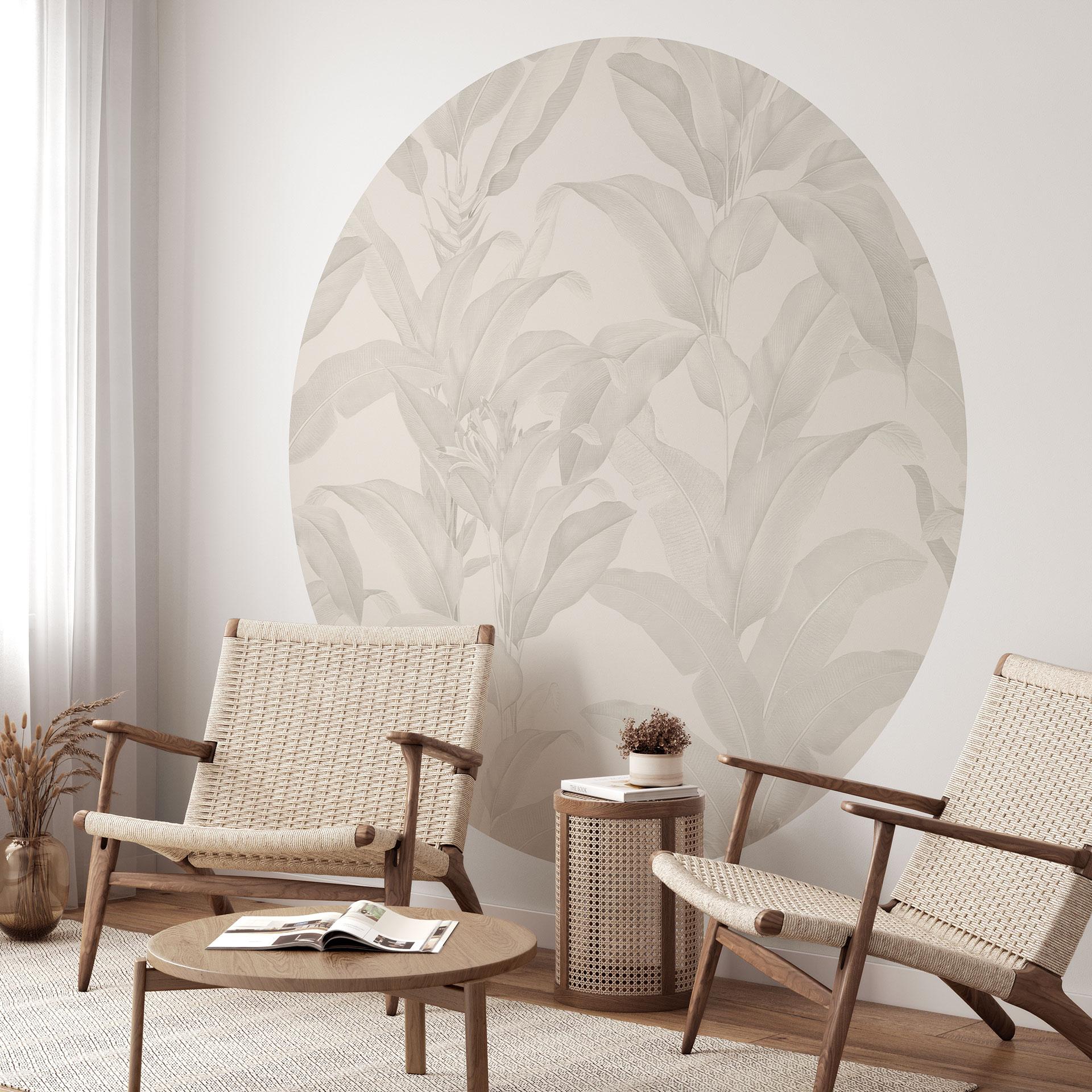 Fototapet Tropical Leaves Cream - Blomstersmycke - Rund - Självhäftande/icke-vävd