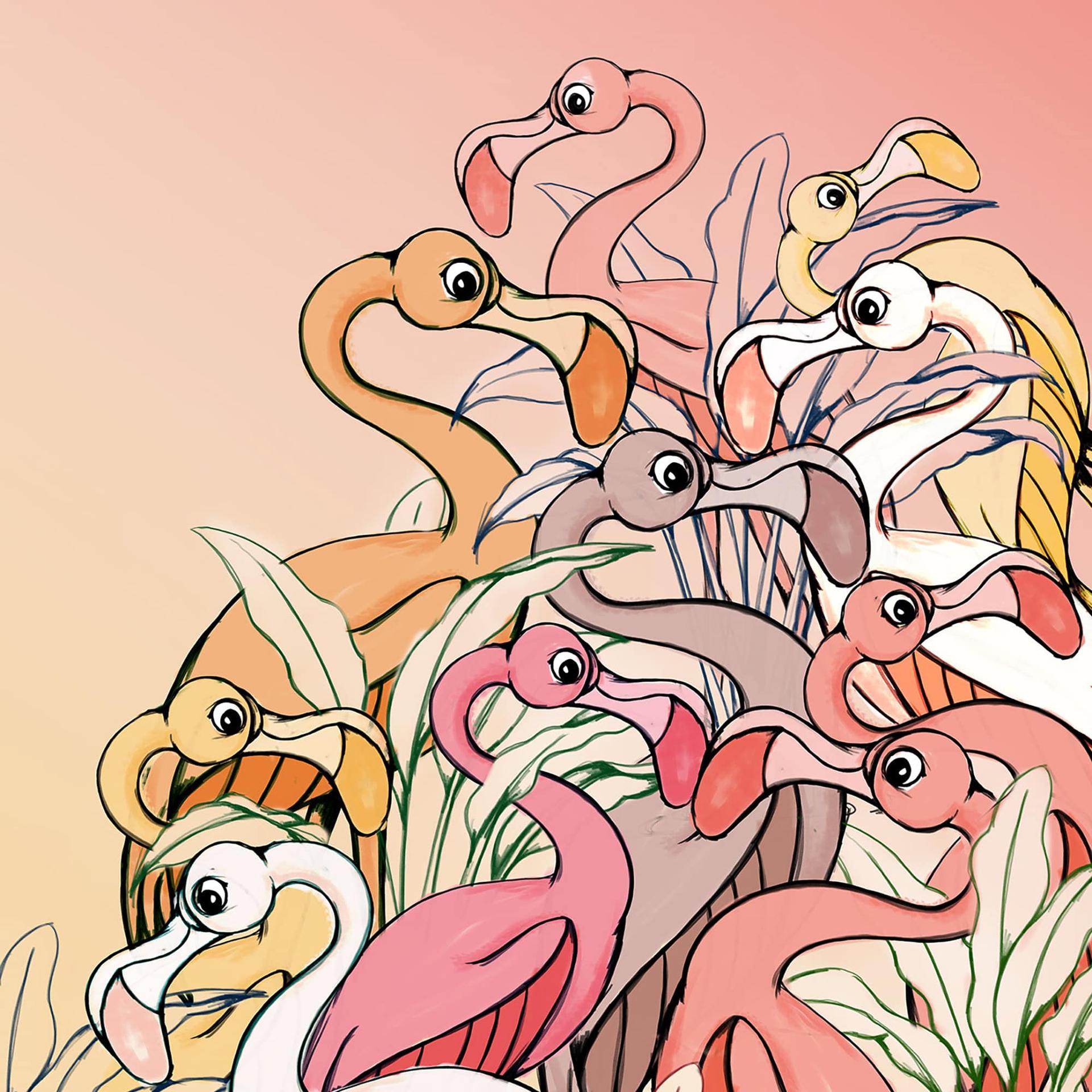 Non-woven tapet - Flamingoer og liljer - 200 x 280 cm