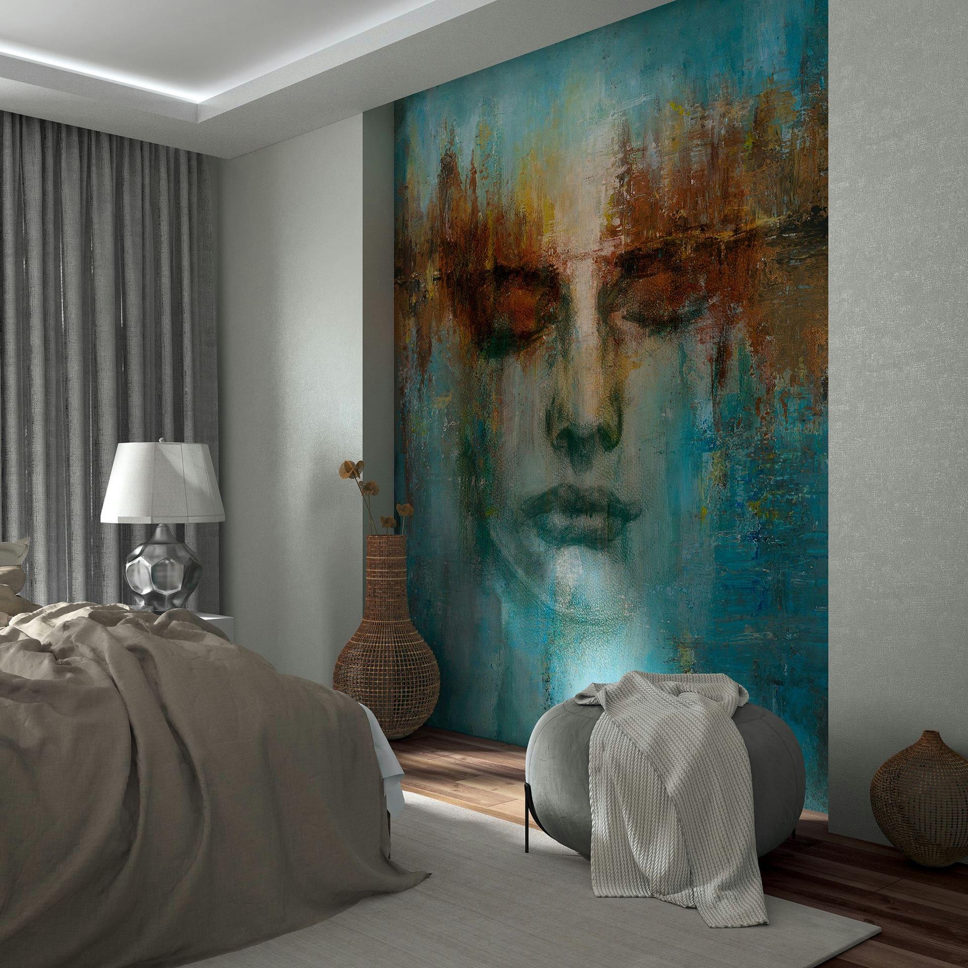 Fototapet i grøn med abstrakt ansigtsgrafik moderne 2,70 x 2,12m