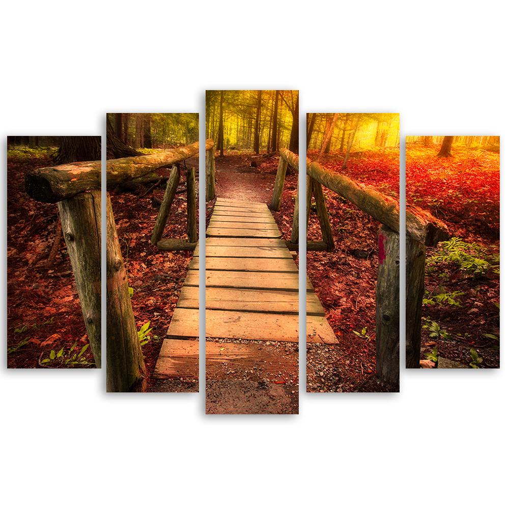5-delige canvasprint Herfstbos Bladeren Brug