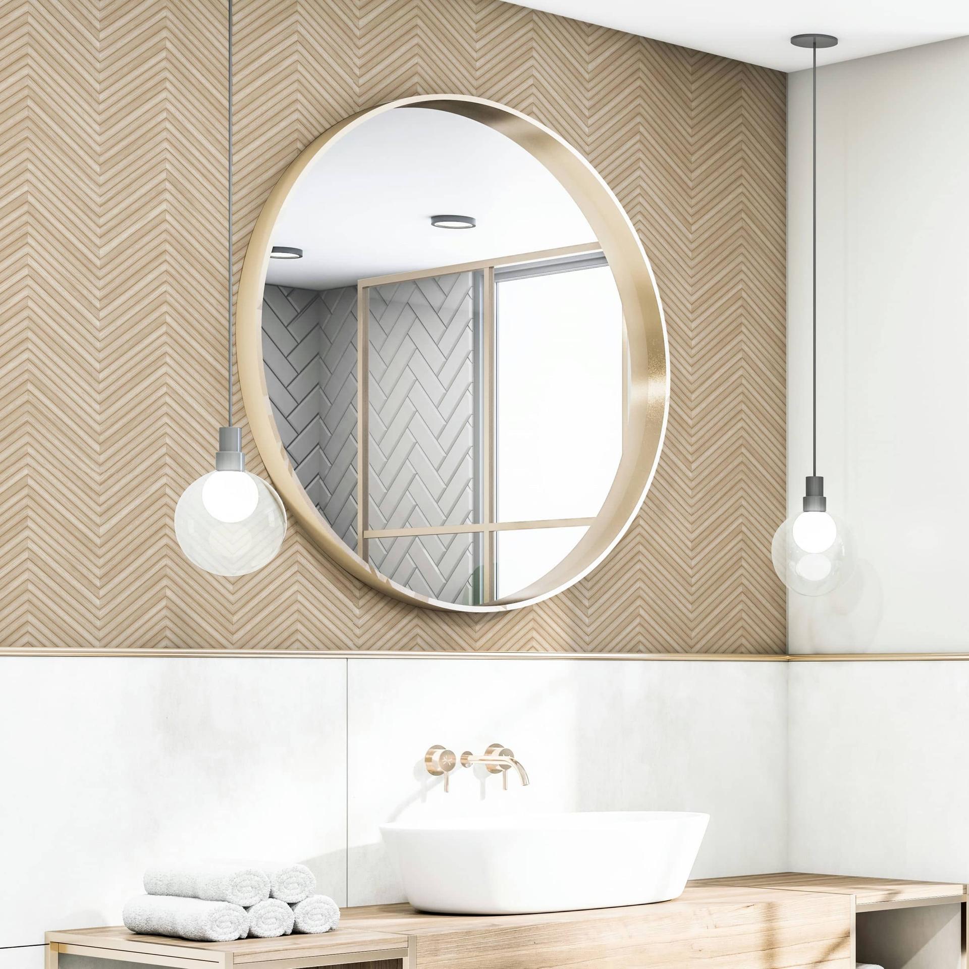 vliesbehang met visgraatmotief en houtlook beige houteffect