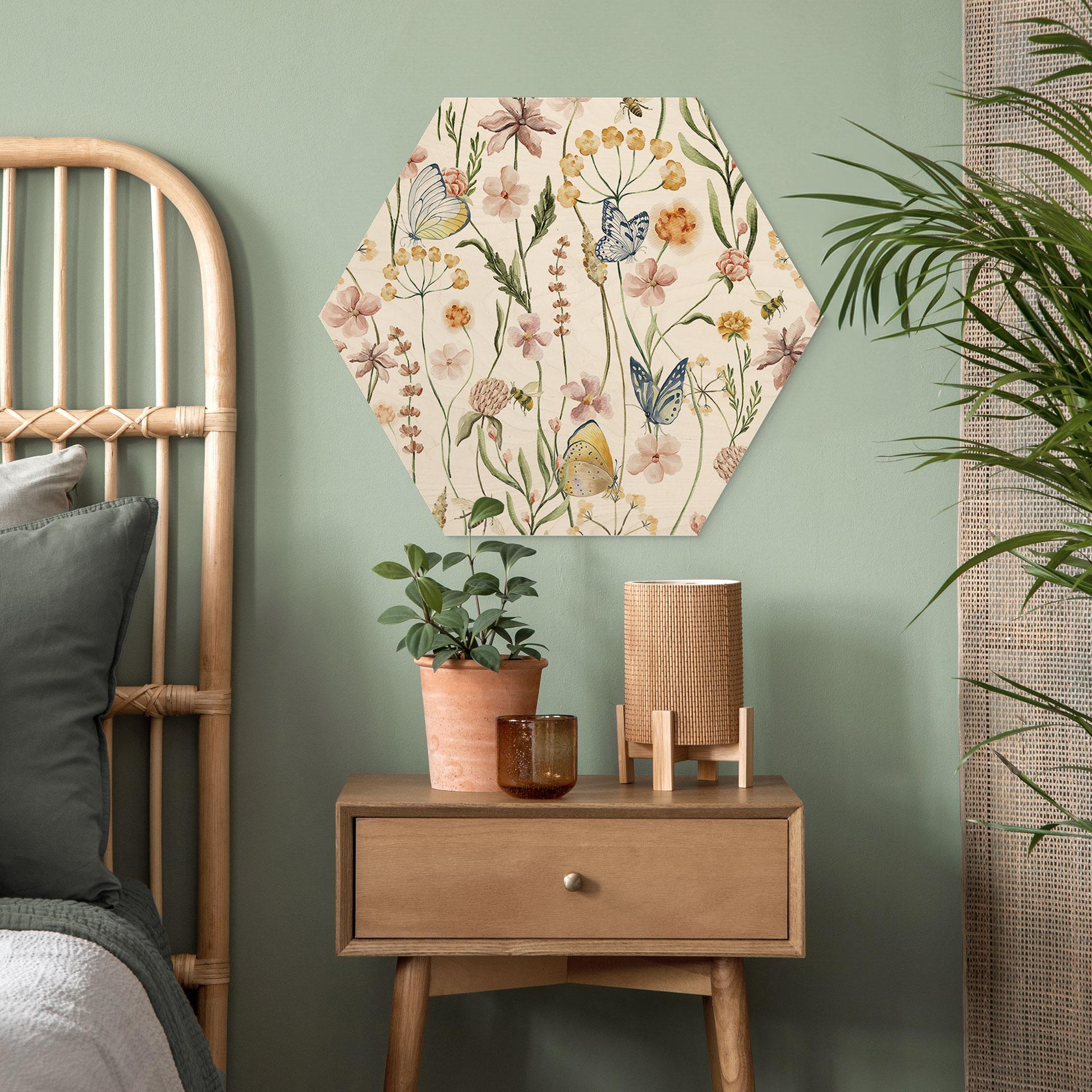Sekskantet træ Forårseng med sommerfugle - UN Designs