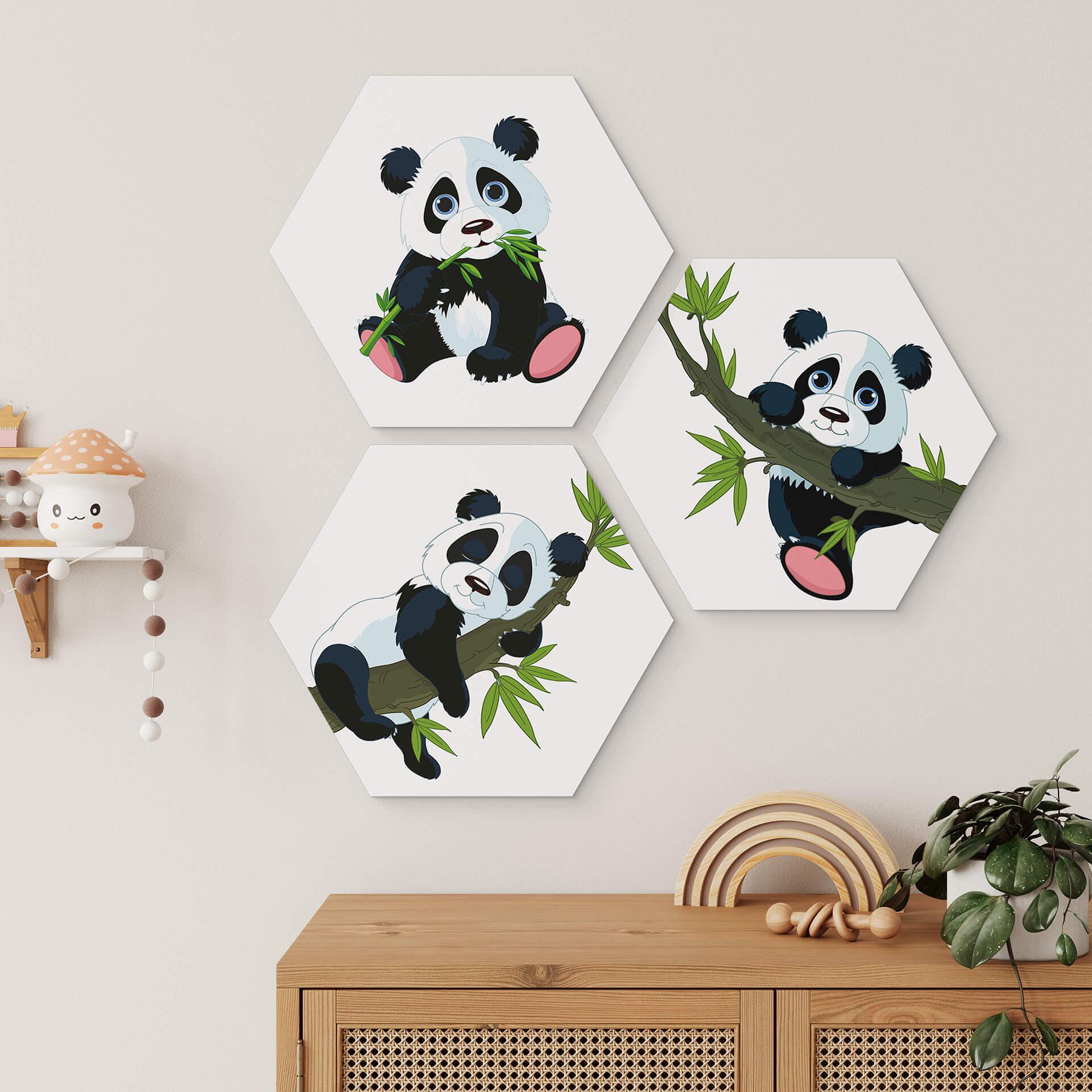 Hexagone - alu-Dibond Pandas ludiques - lot de 3