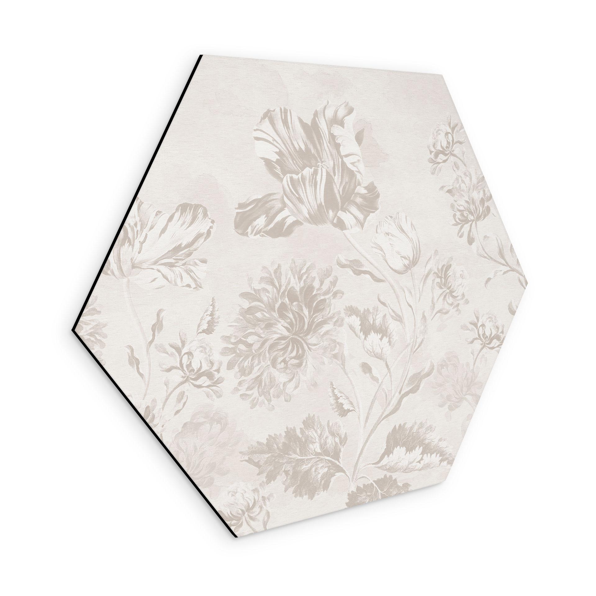 Sekskantet Billede af vilde blomster i kridtlook Greige - Bloomery Decor - Alu-Dibond