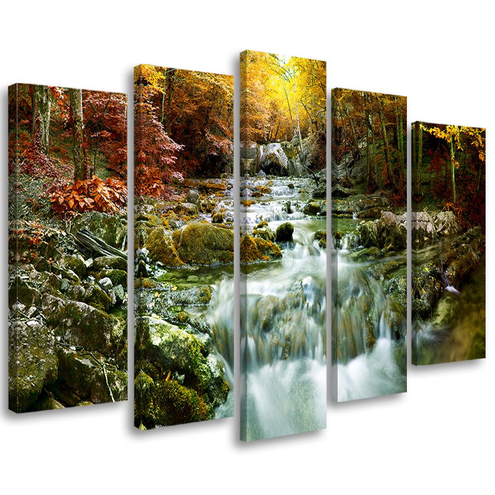 5 stykke lærred Print Autumn Forest Waterfall Rocks
