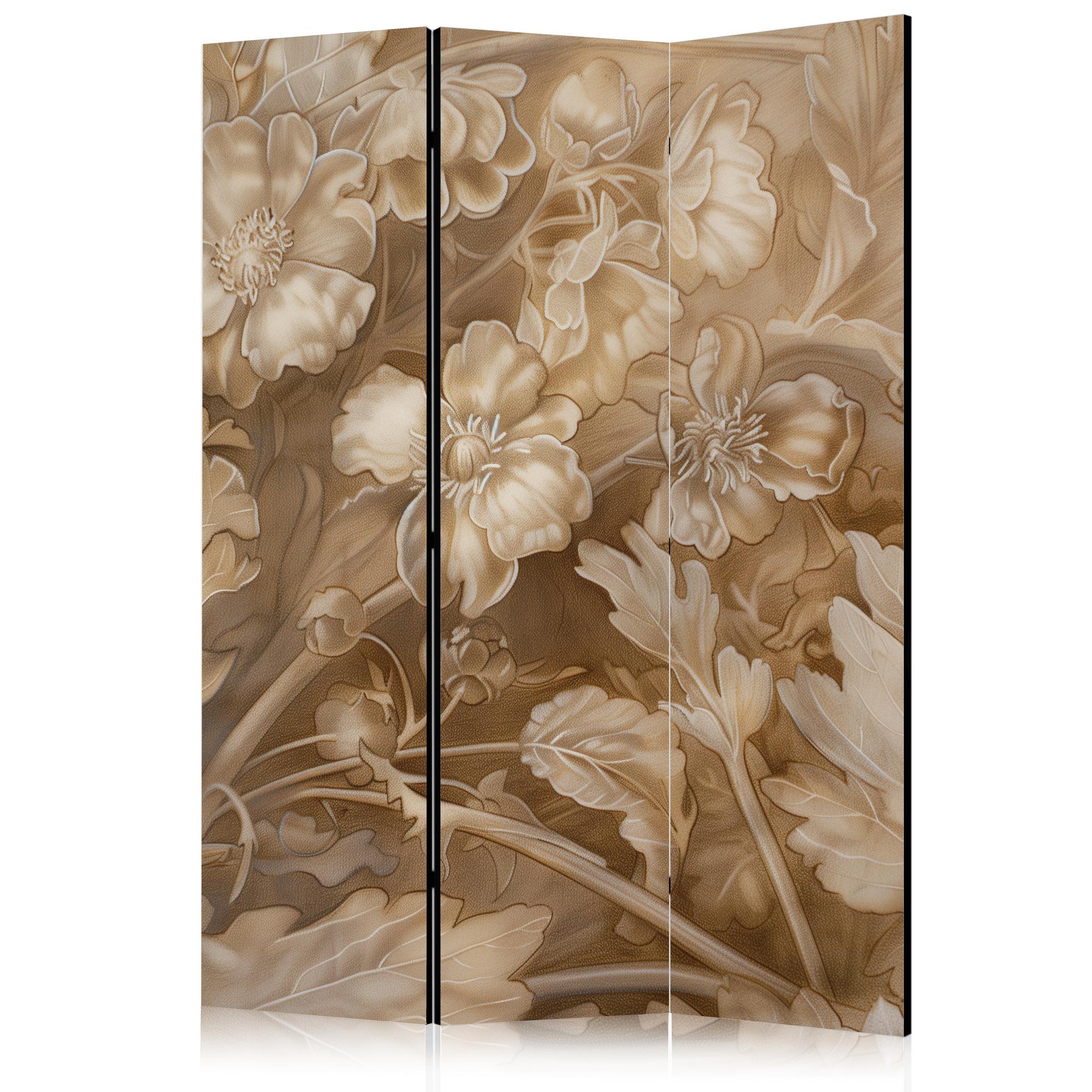 Paravent, Raumteiler freistehend, Trennwand - Carved Floral Ornaments in Soft Sepia and Brown Tones