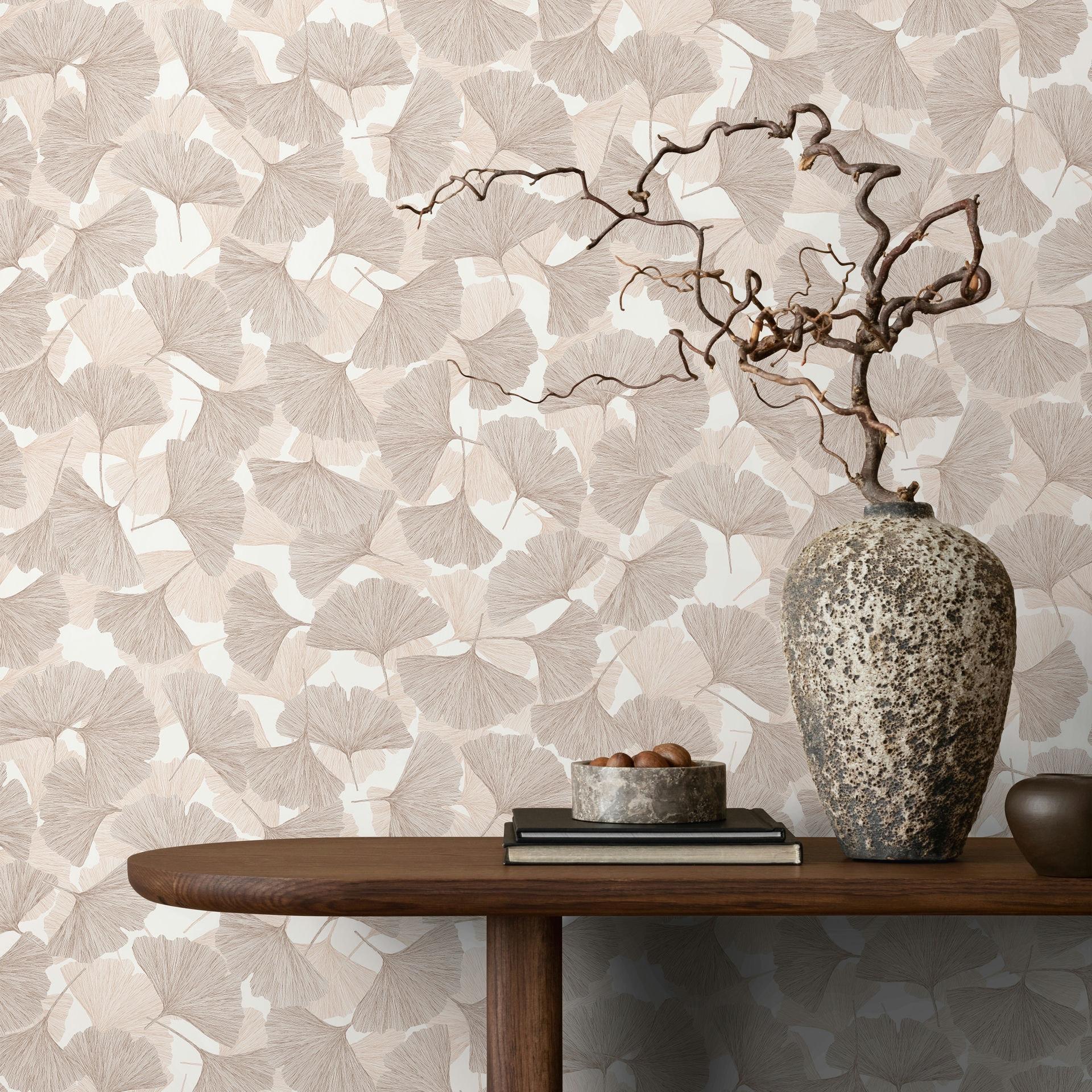 Vliesbehang 3D, bladeren bloem natuur mat in beige bruin
