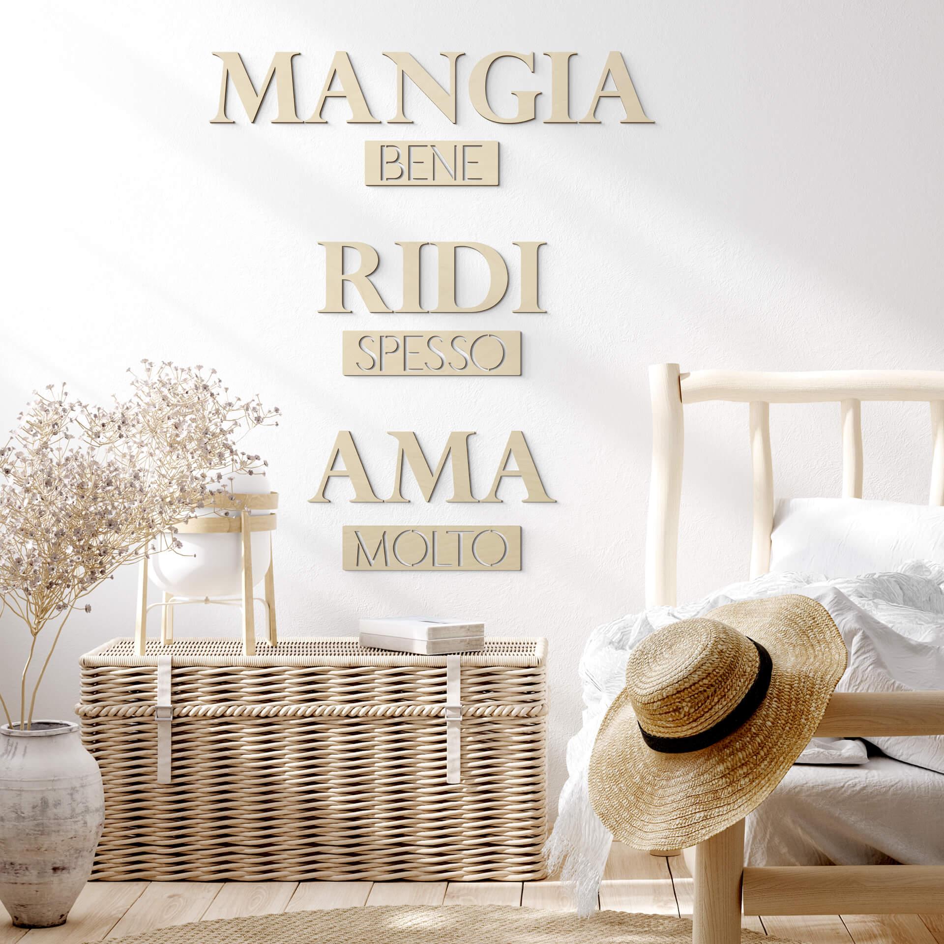 Décoration murale en bois placage de peuplier - Mangia bene, Ridi spesso, Ama mo