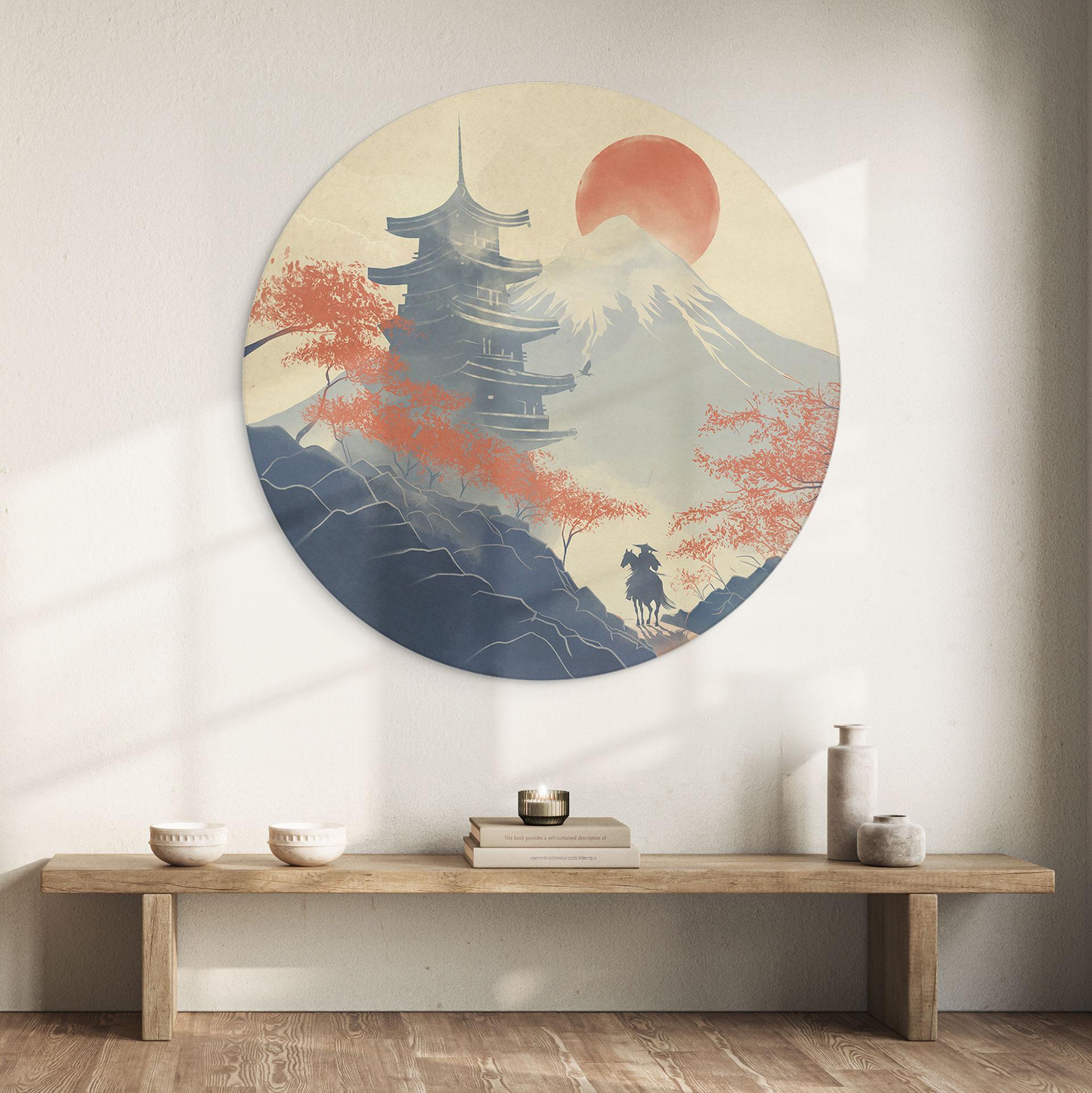Fototapet Solopgang over pagoden - Roze - rund – print på aluminium (Alu-Dibond)