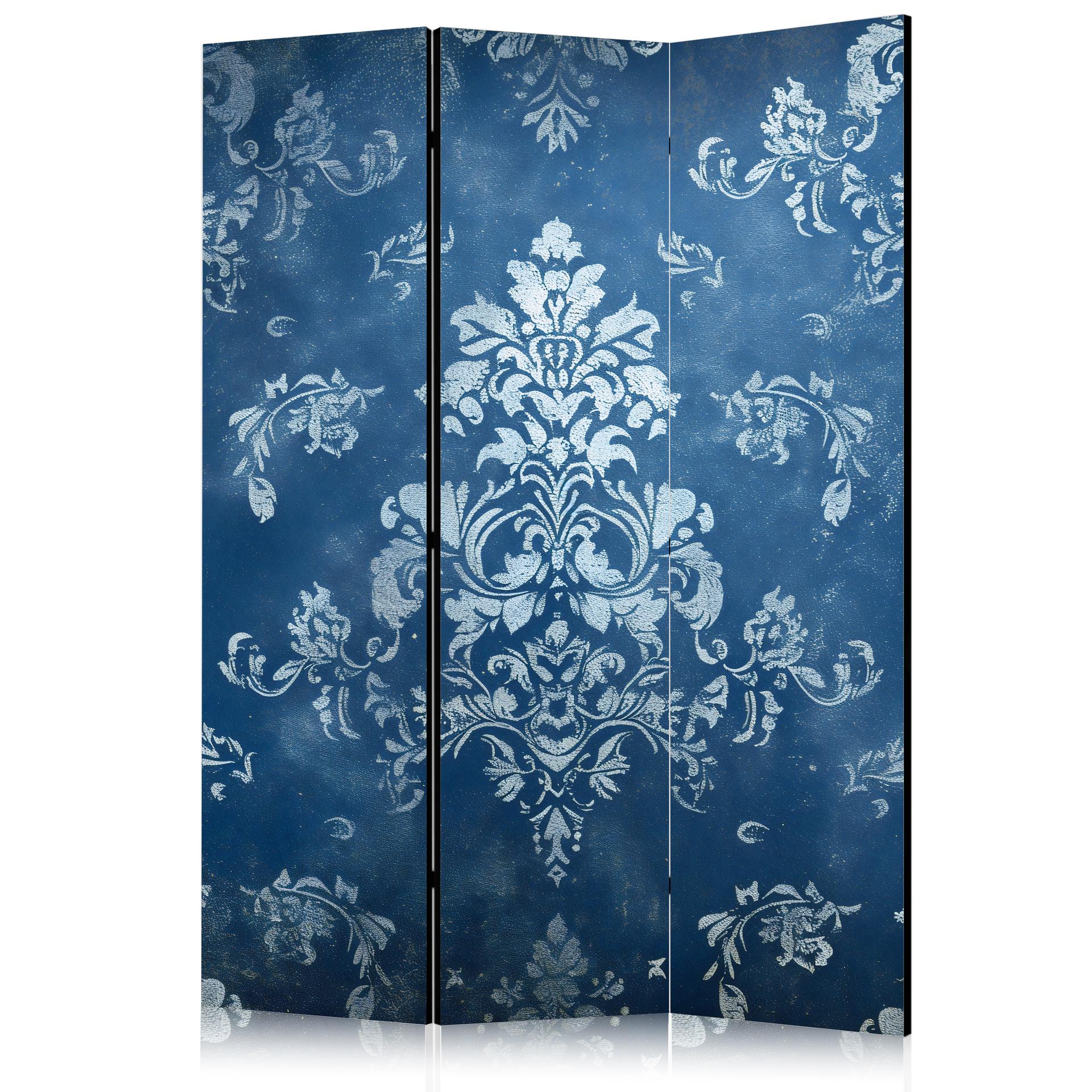 Paravent, Raumteiler freistehend, Trennwand - Retro Ornament - Decorative Motif in Rubbed Blues