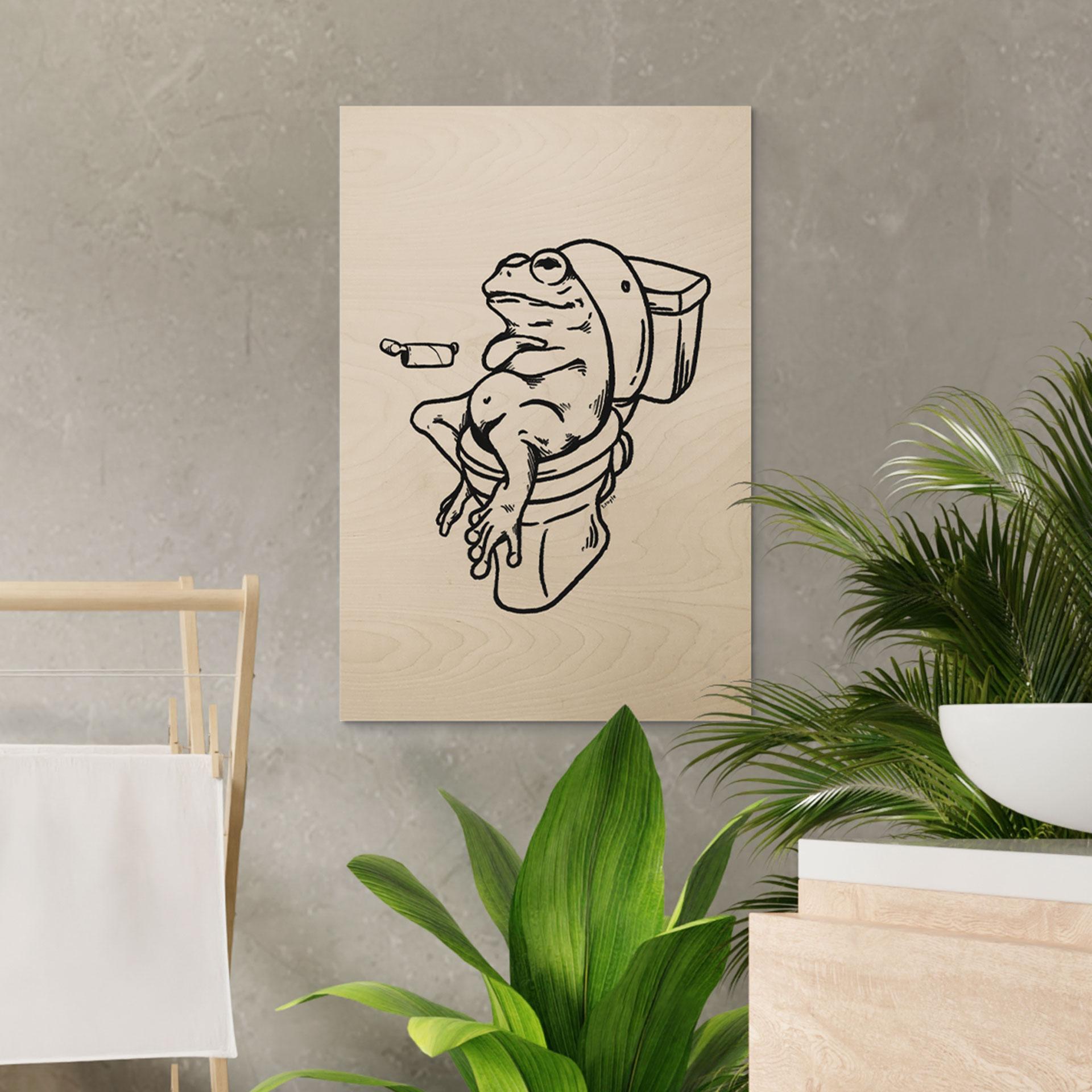 Træplakat Venter på toilettet - Humoristisk illustration af en frø - Royle