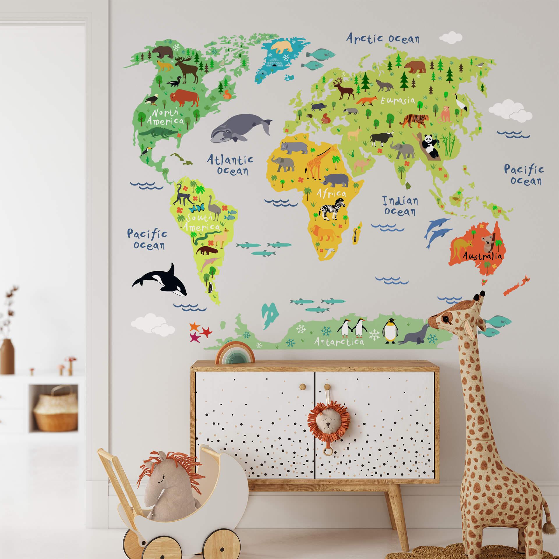 Wallsticker - Verdenskort Dyr, engelsk