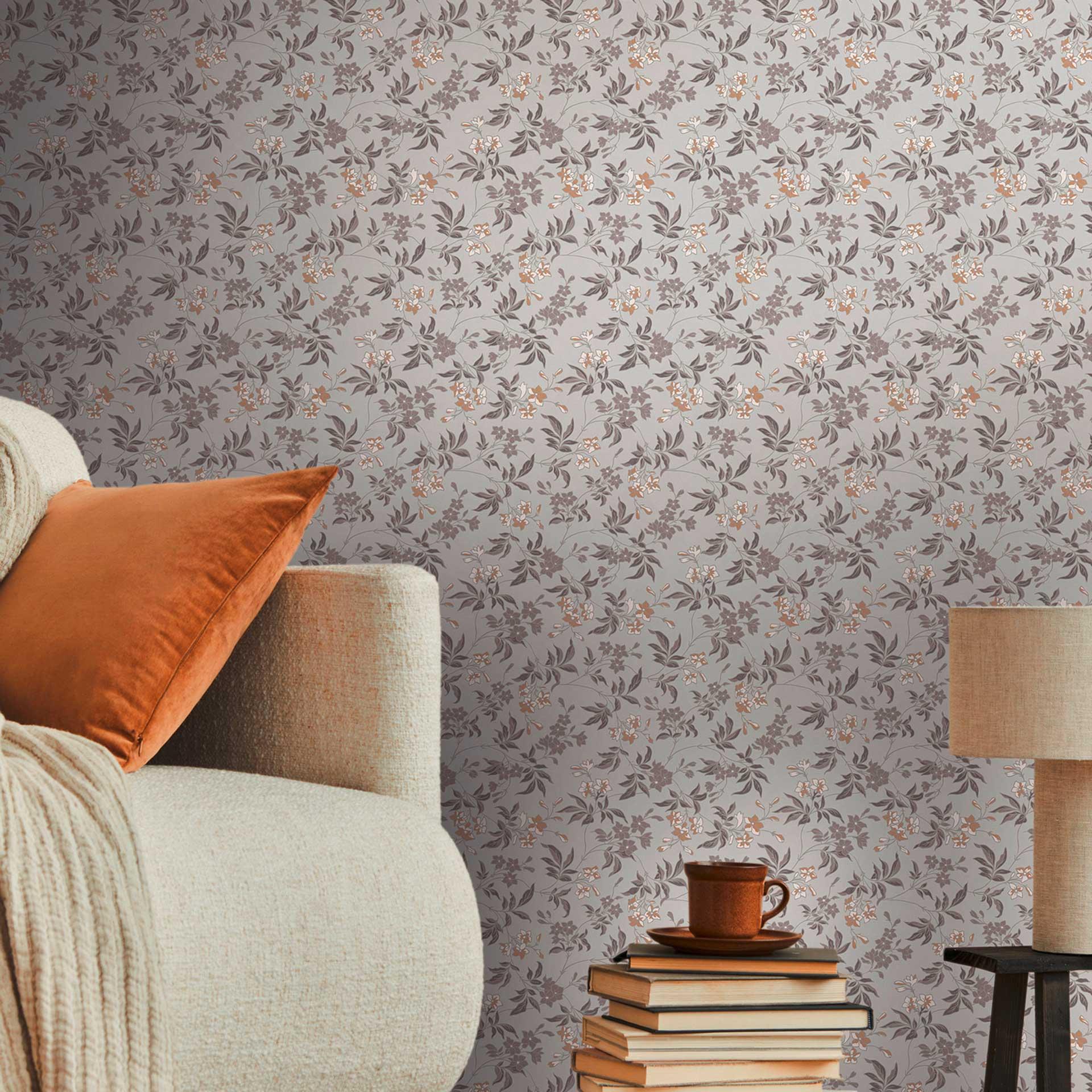 blomstertapet med blomster gråbrun - moderne tapet med blomstermønster - non-woven tapet floral