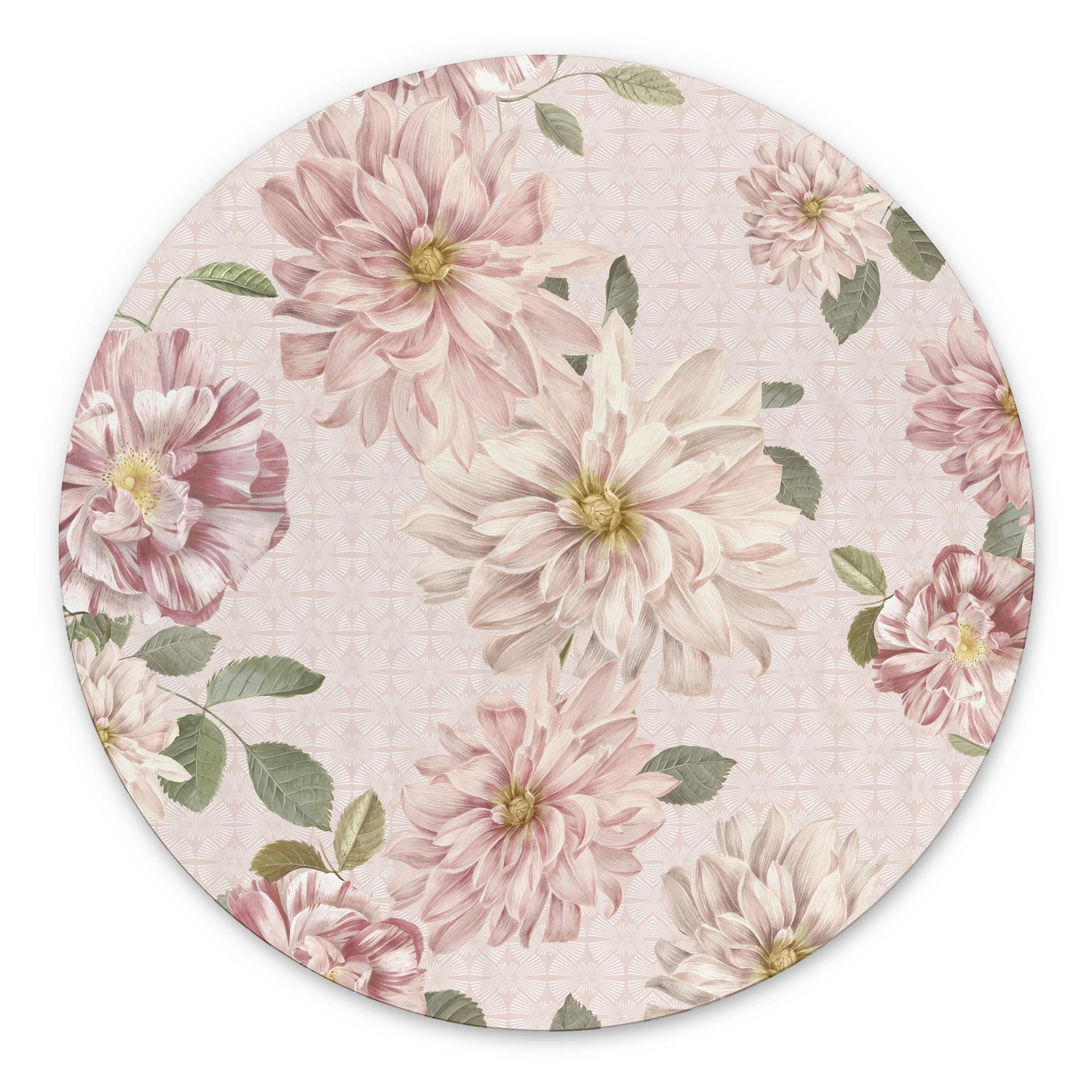 Billede af Dahliaer Shabby Chic Pink - Bloomery Decor - rund – print på aluminium (Alu-Dibond)