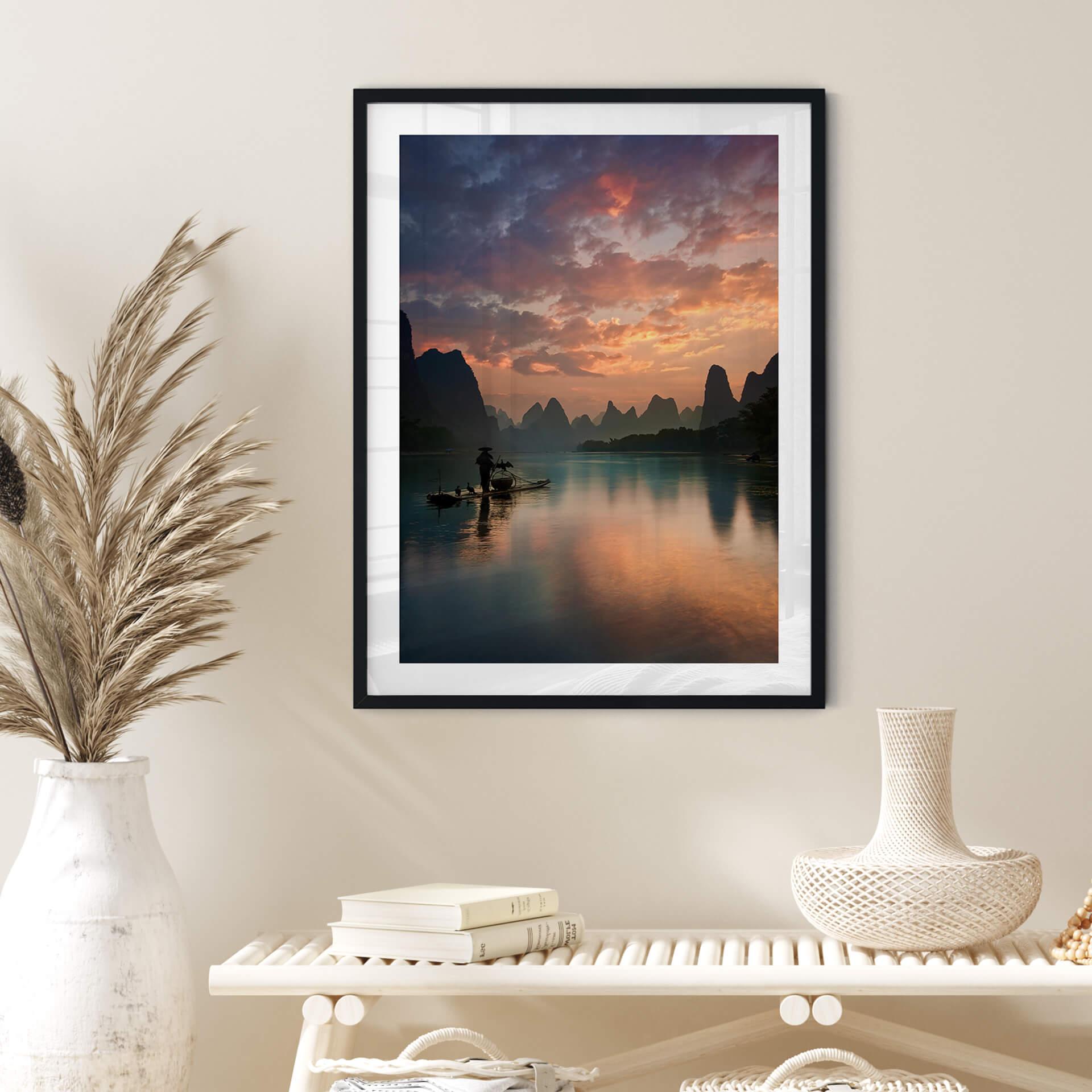 Póster Zhang - Paisaje fluvial asiático al atardecer