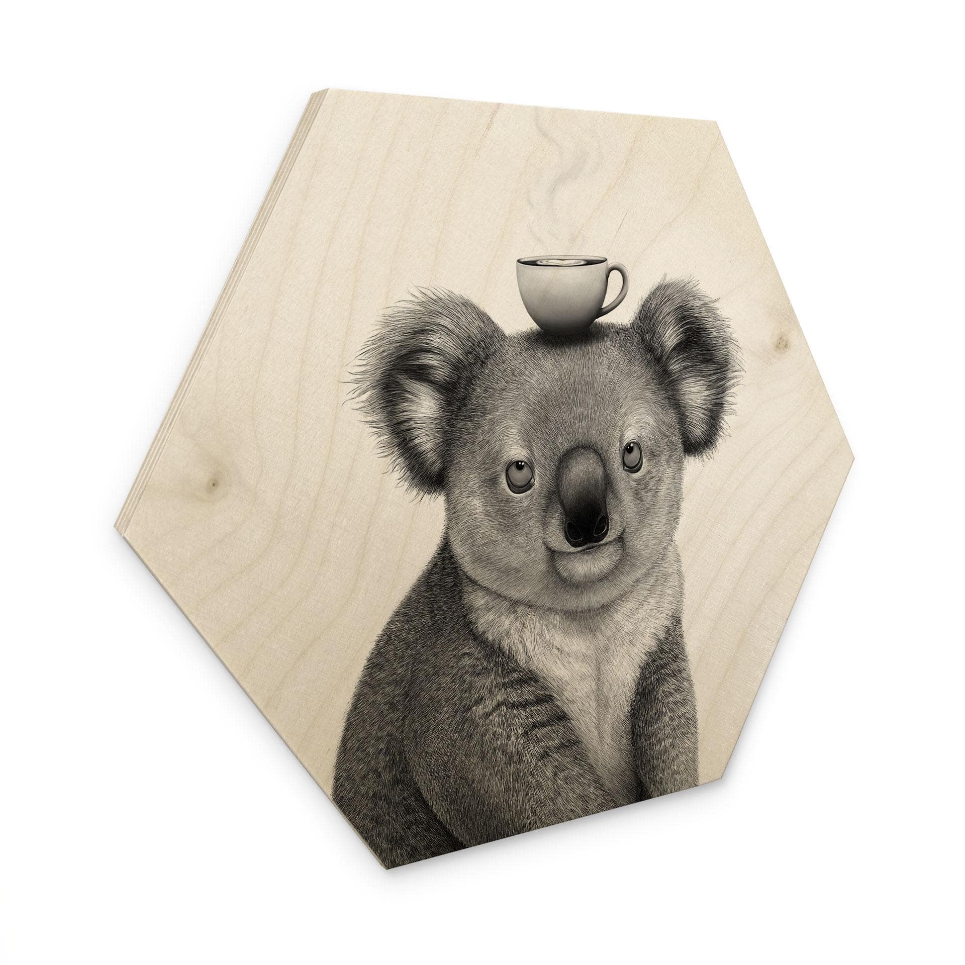 Tableau sur bois Hexagonal Koala avec café - Korenkova