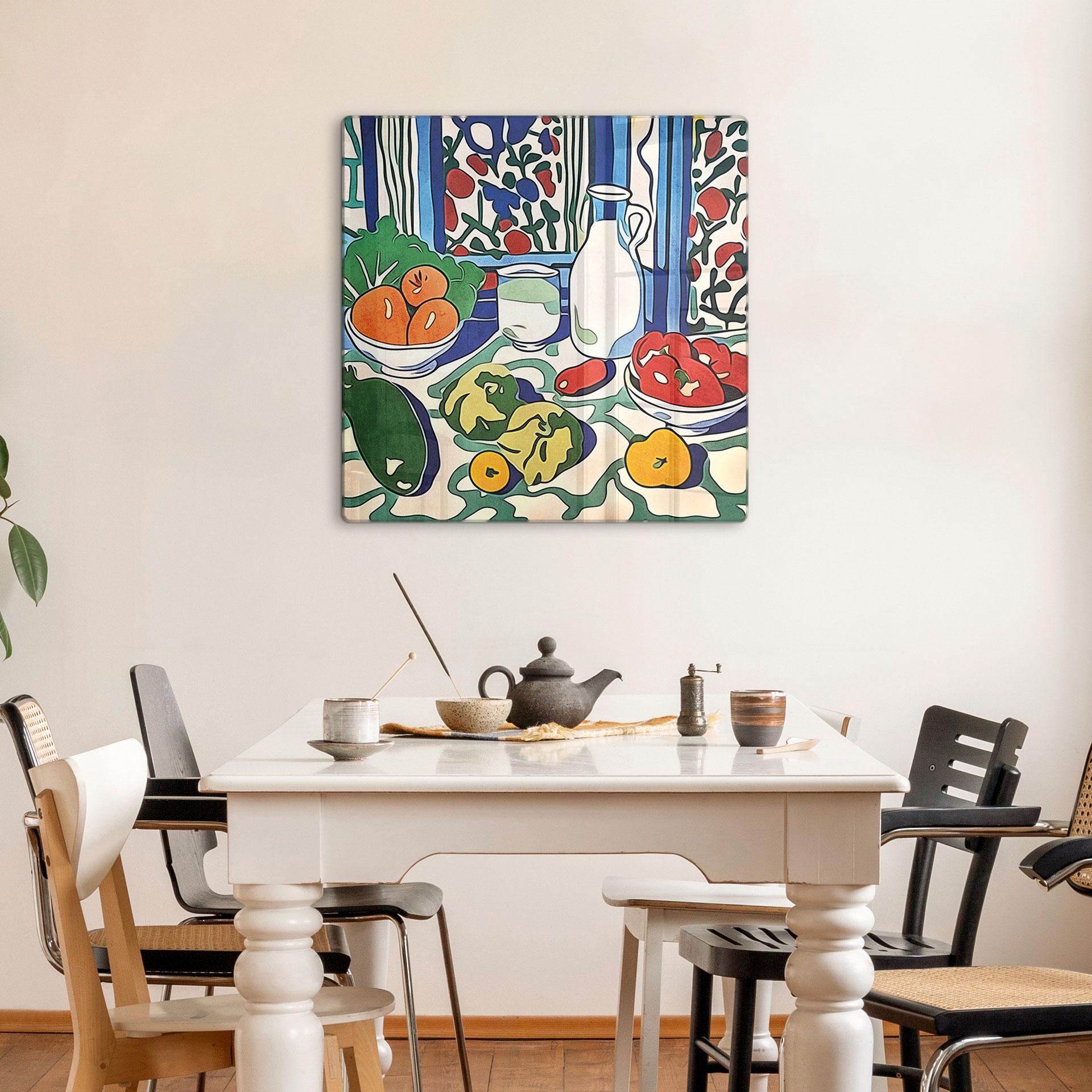 Glasbild Obst und Gemüse auf dem Küchentisch - Inspiriert von Matisse - Zamart