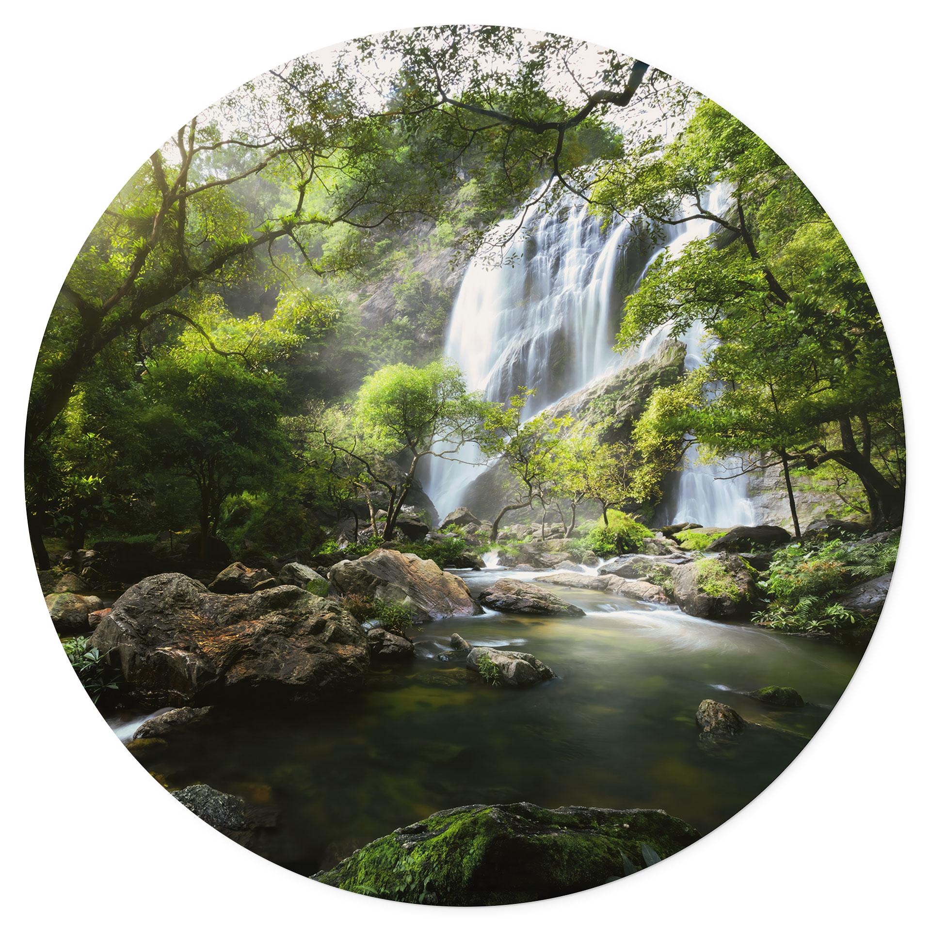 Vinilo decorativo cascada en el bosque - Redondo - Foto