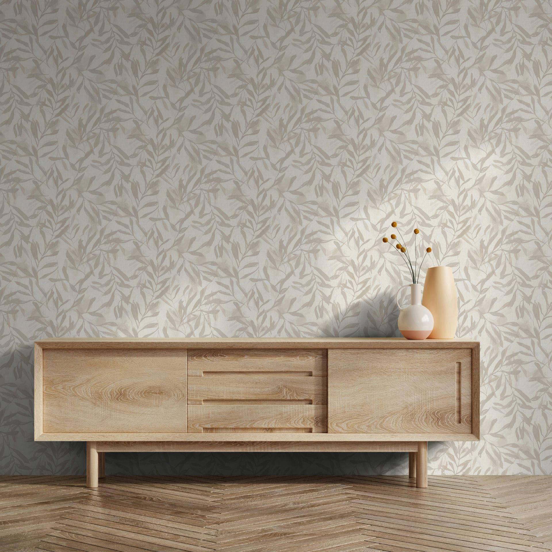 Ikke-vævet tapet i beige blade bladlook vintage blomstret natur