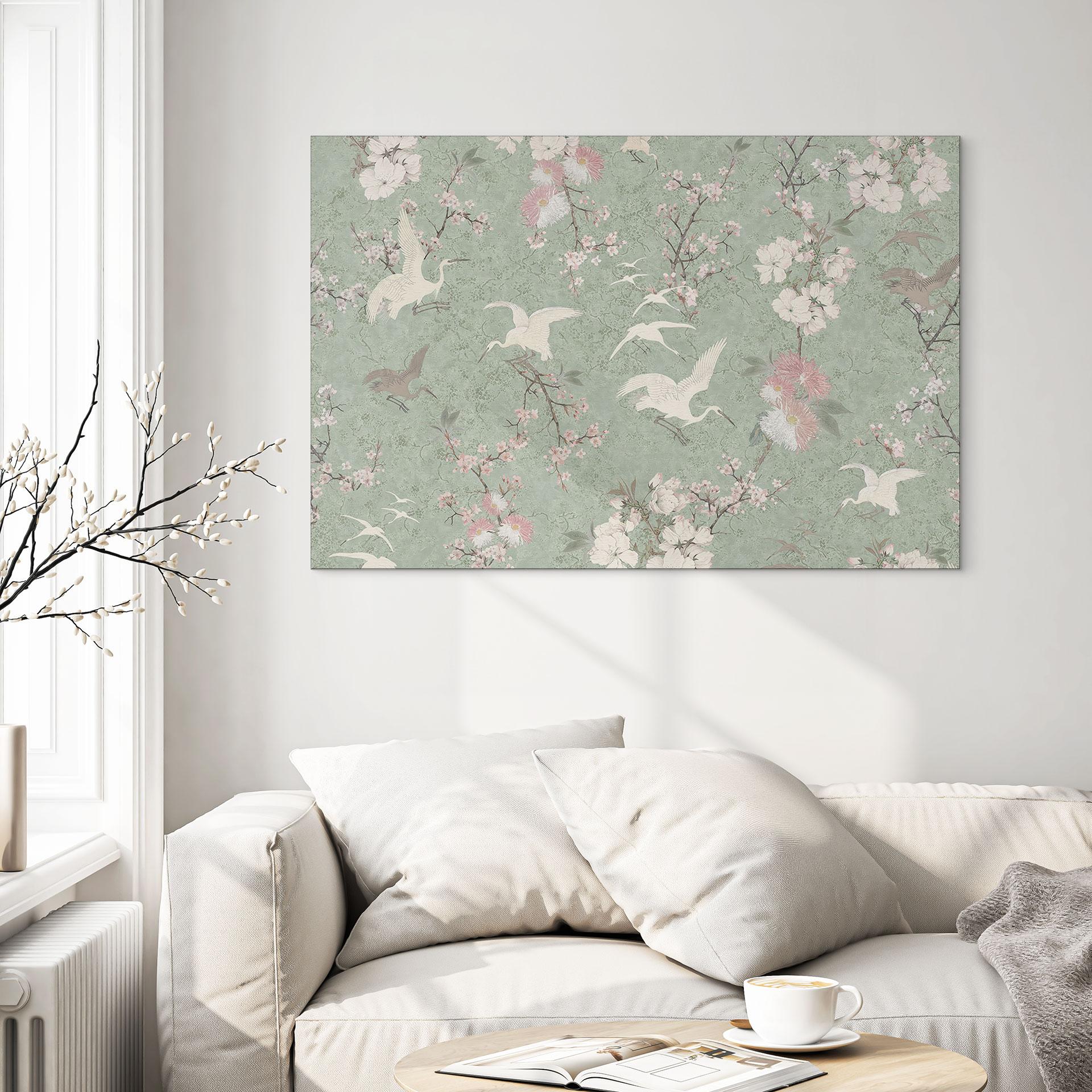 Billede Kraner i kirsebærblomstens berusende grønne farve - Bloomery Decor – print på aluminium