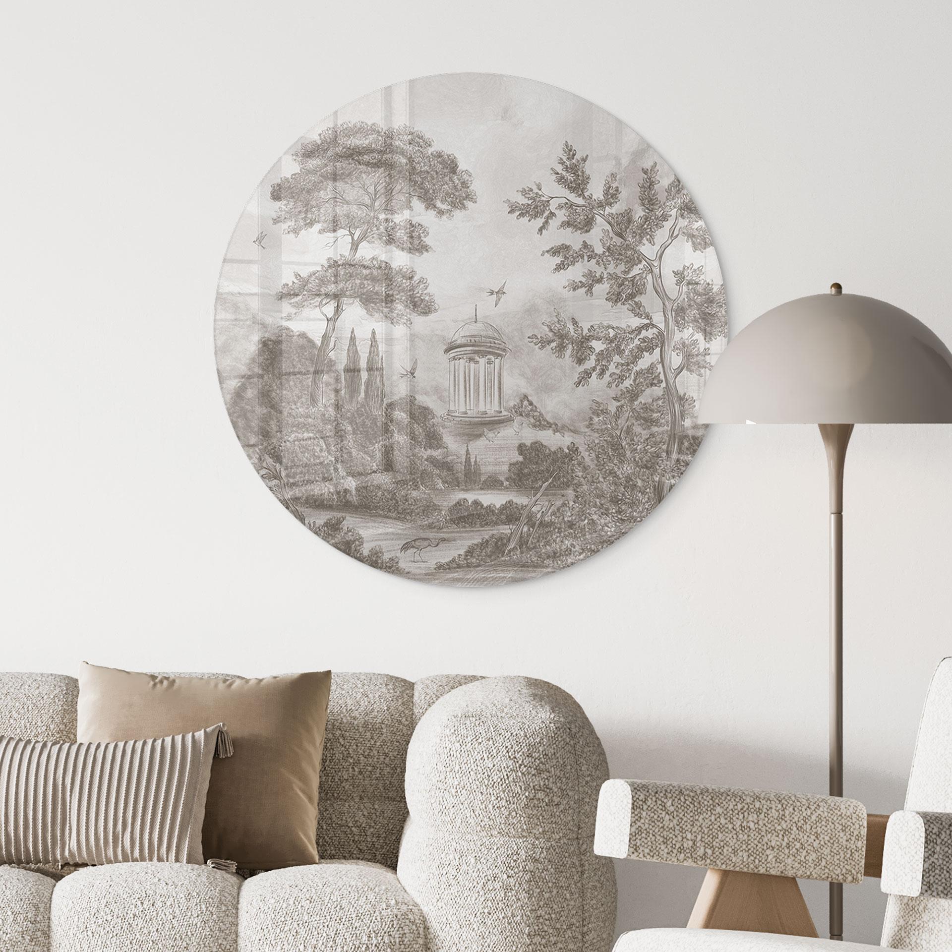 Glasbild Landschaft mit Gartenlandschaft in Beige - Ms Tiff - Rund