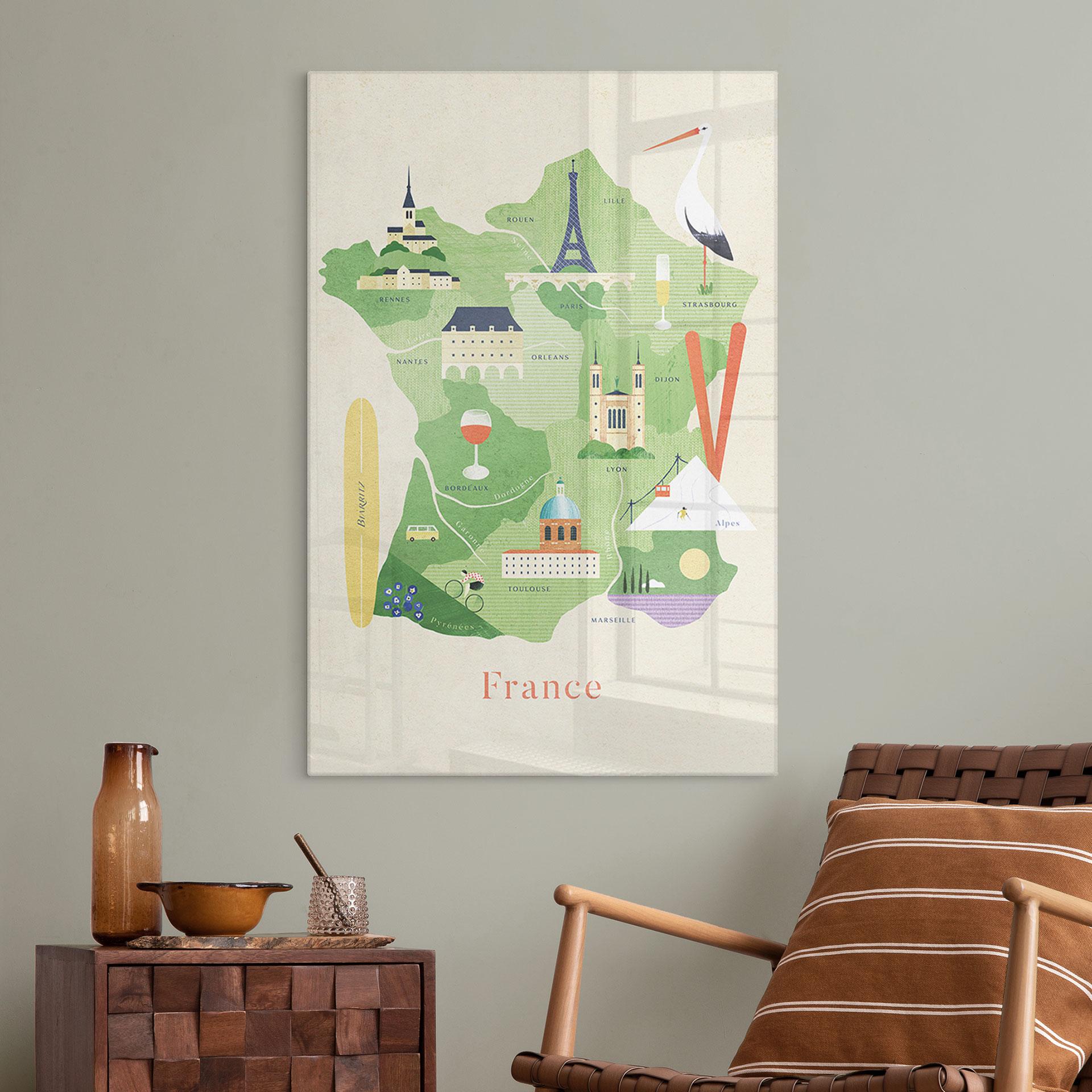 Glasbild Karte von Frankreich - Rivers