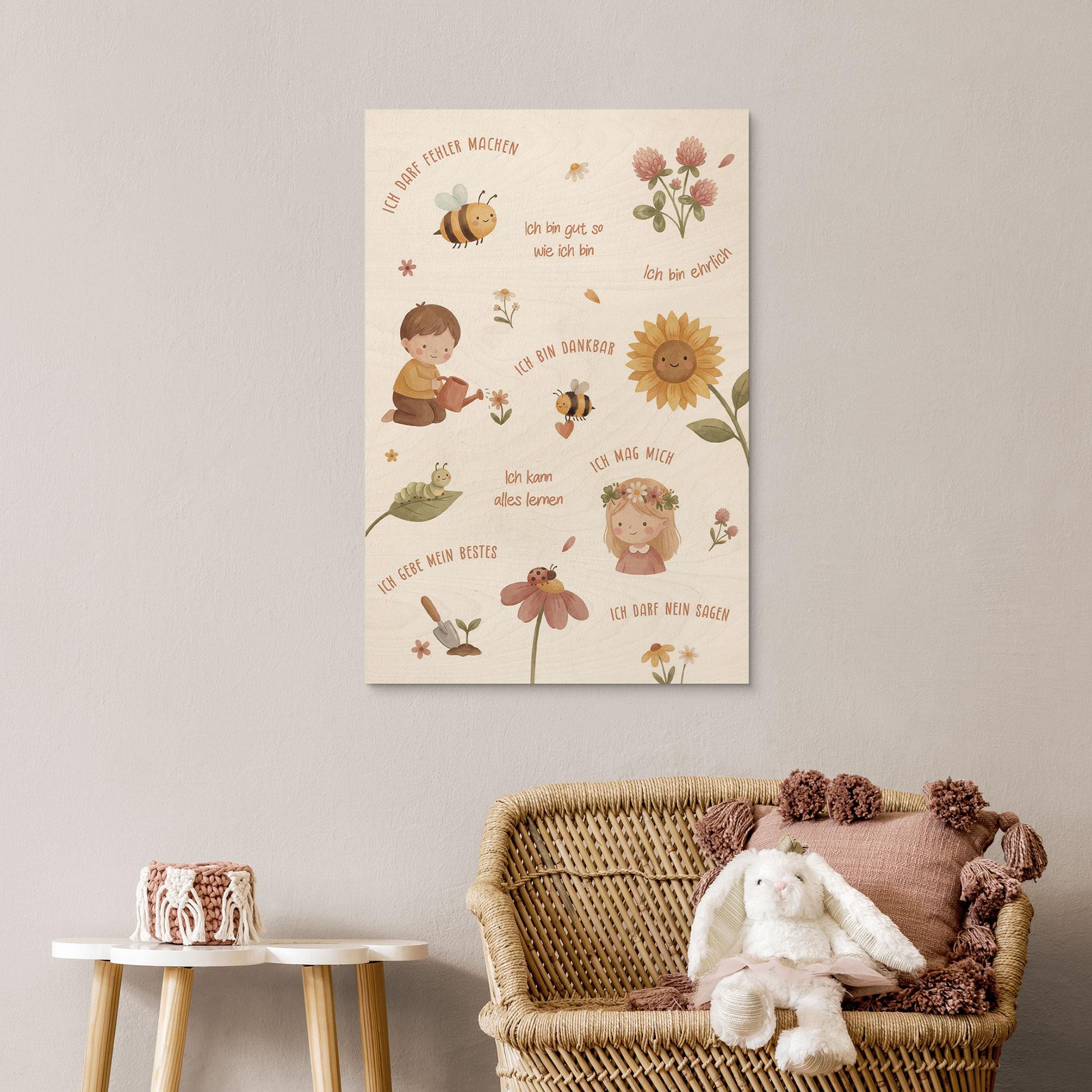 Holzbild mit Affirmationen Blumen - kindgerechte Mutmachsprüche