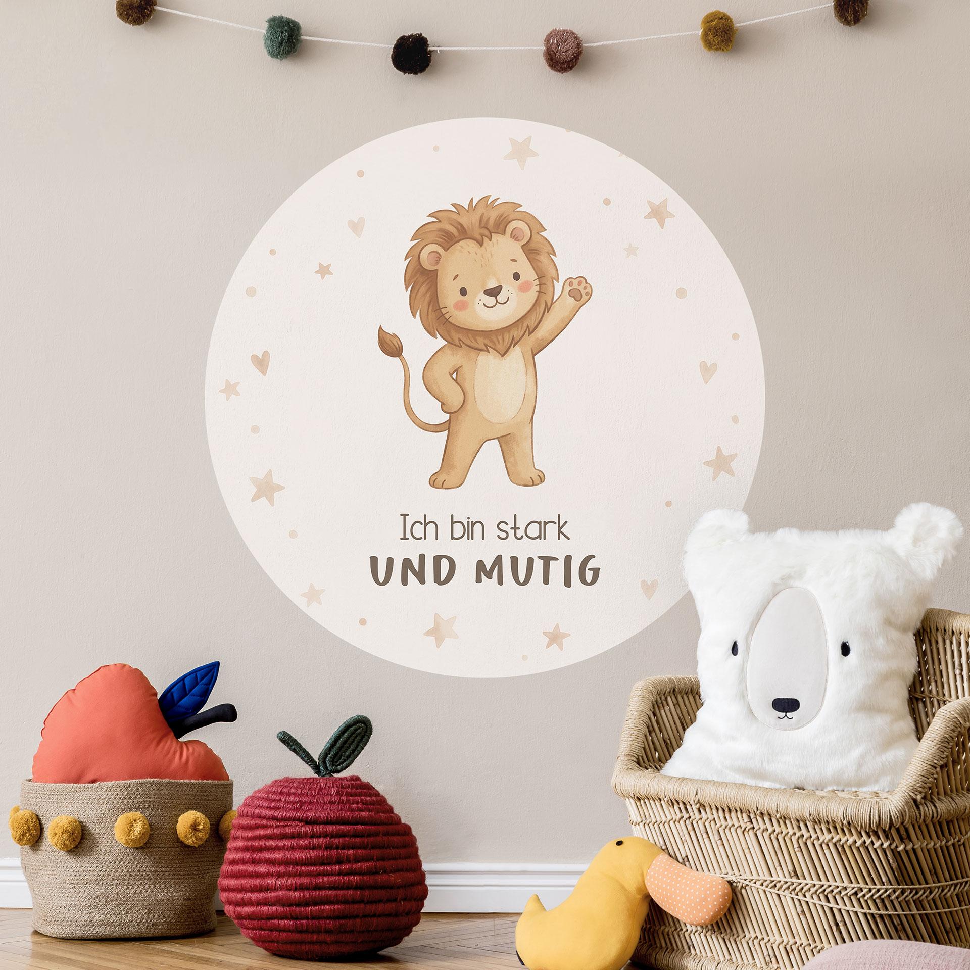 Rundes Wandtattoo mit Löwe - Kraftsatz 'Ich bin stark und mutig' fürs Kinderzimmer