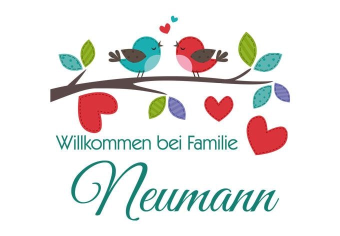 Wandtattoo + Name Willkommen bei Familie bunt