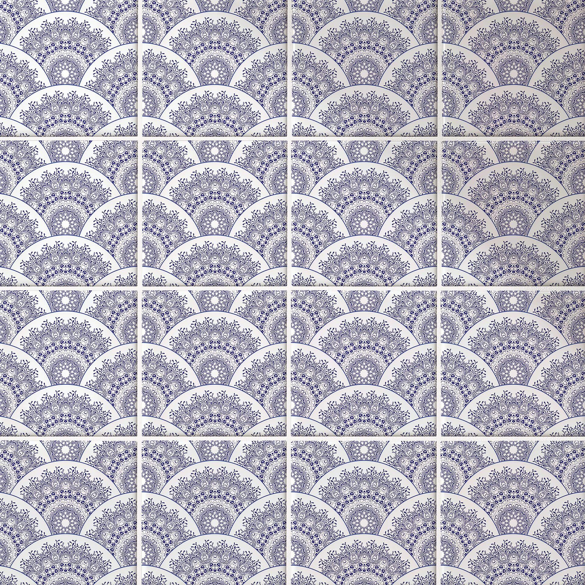 Azulejos Adhesivos Arcos geométricos con motivos florales en azul - lote de 12