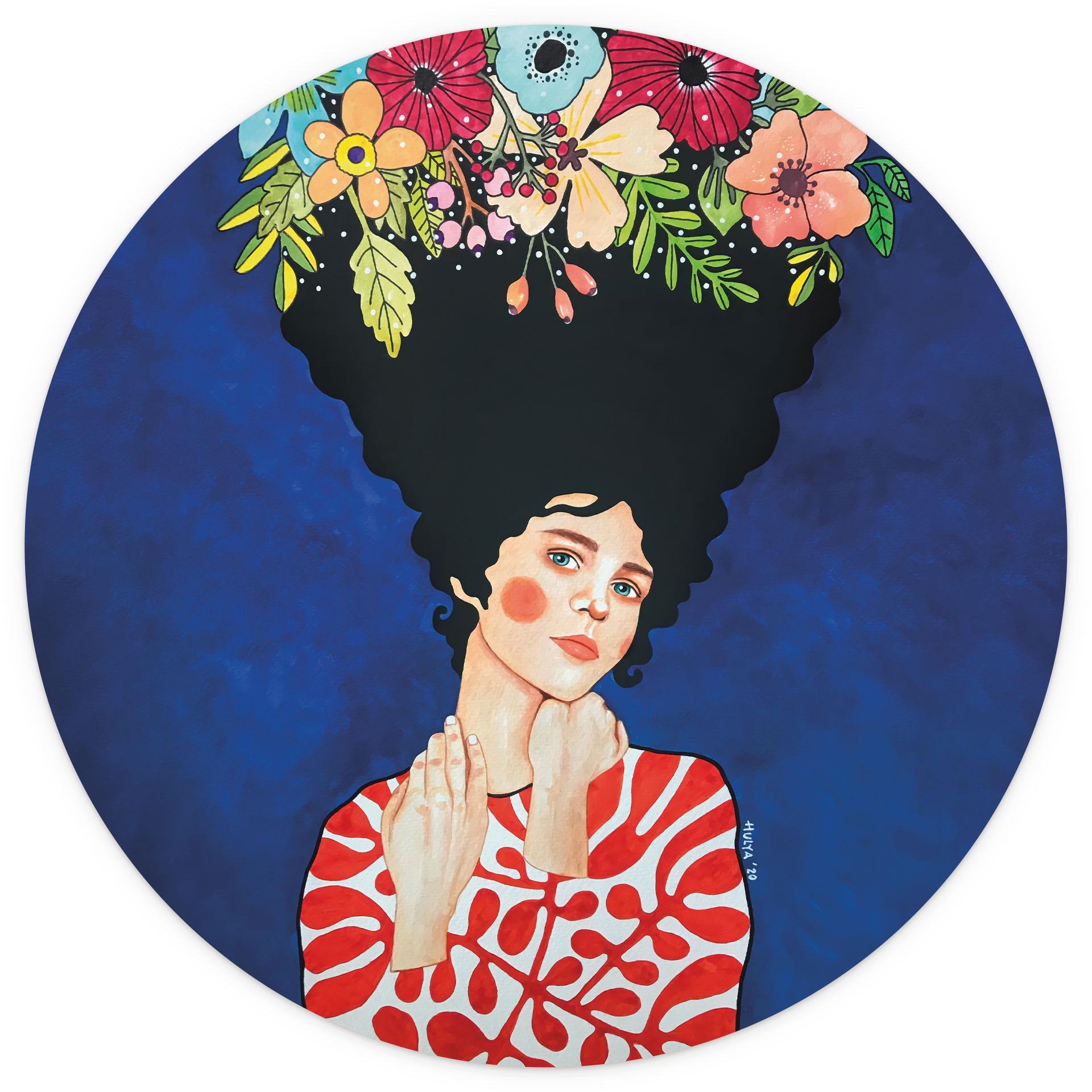 Fotobehang Vrouw met bloemen in het haar - Hülya - Rond - Zelfklevend/niet-geweven