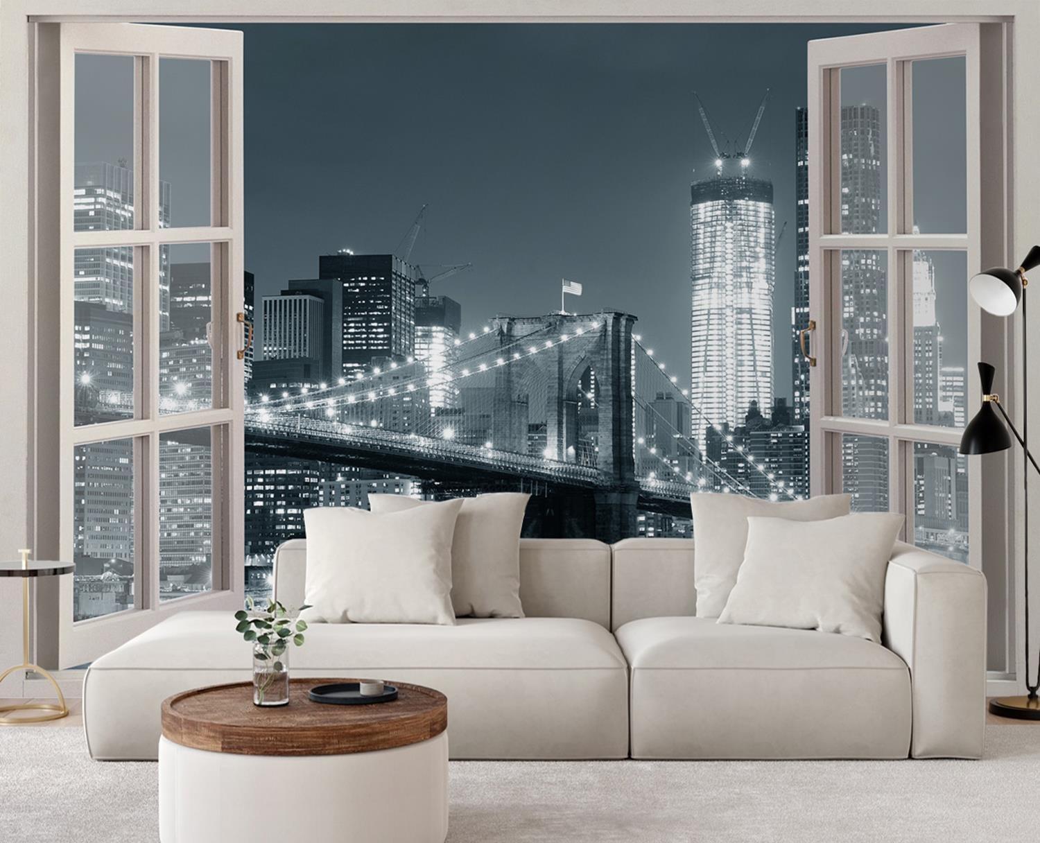 Fototapete Fensterblick New York City Brooklyn Bridge schwarz weiß