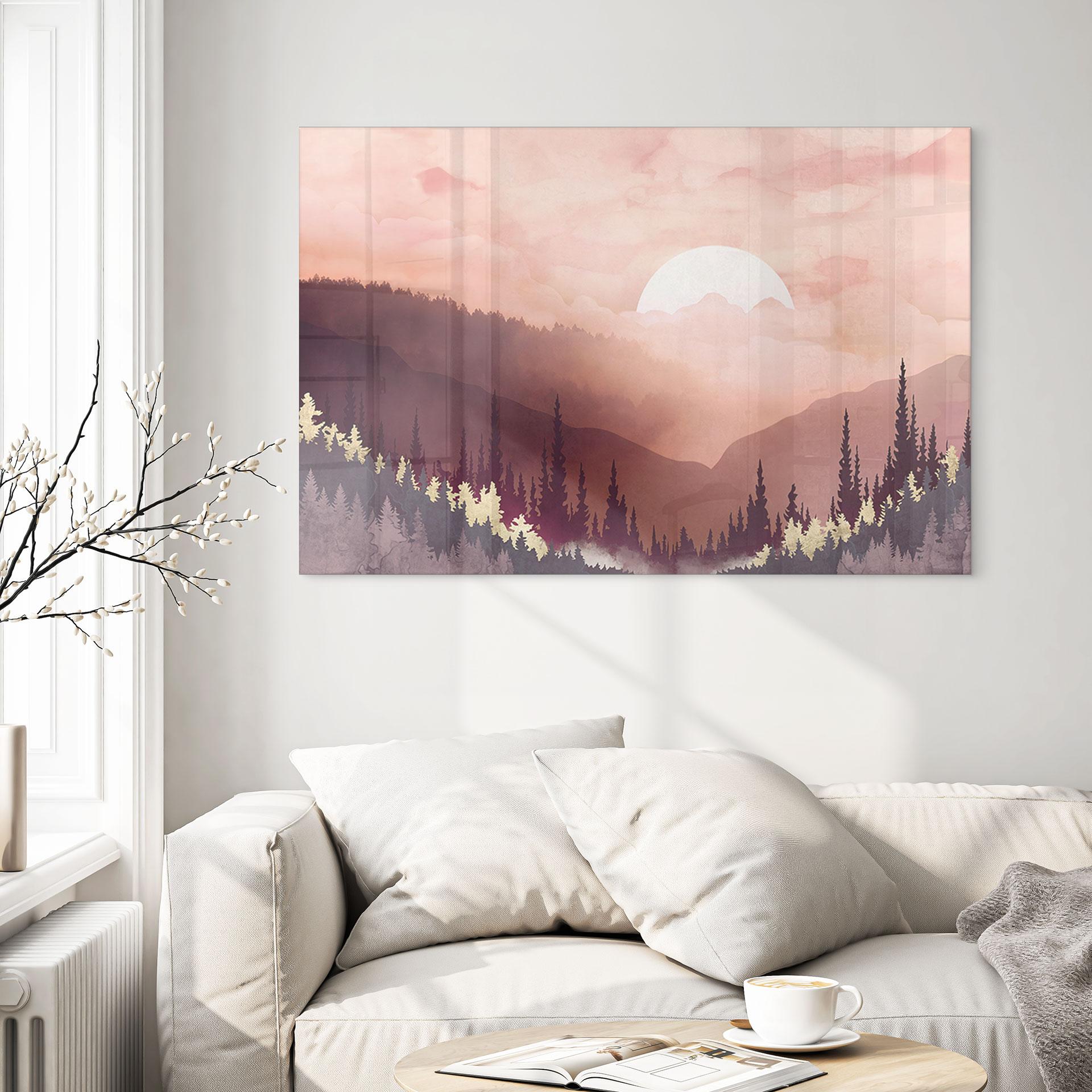 Akrylbillede Lyserød solnedgang over skoven - SpaceFrog Designs
