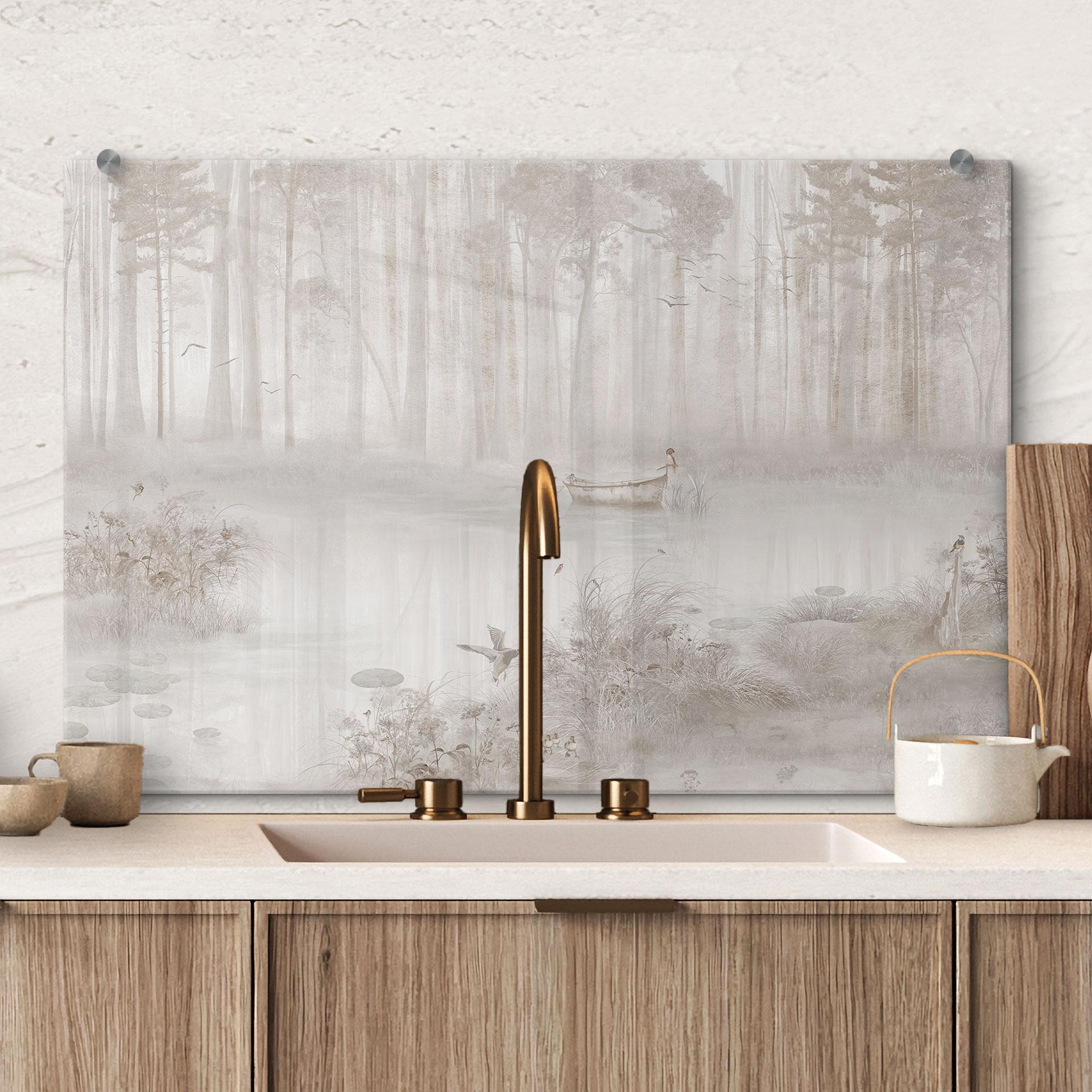 Spatscherm bos bij het meer in beige mist - Ms Tiff