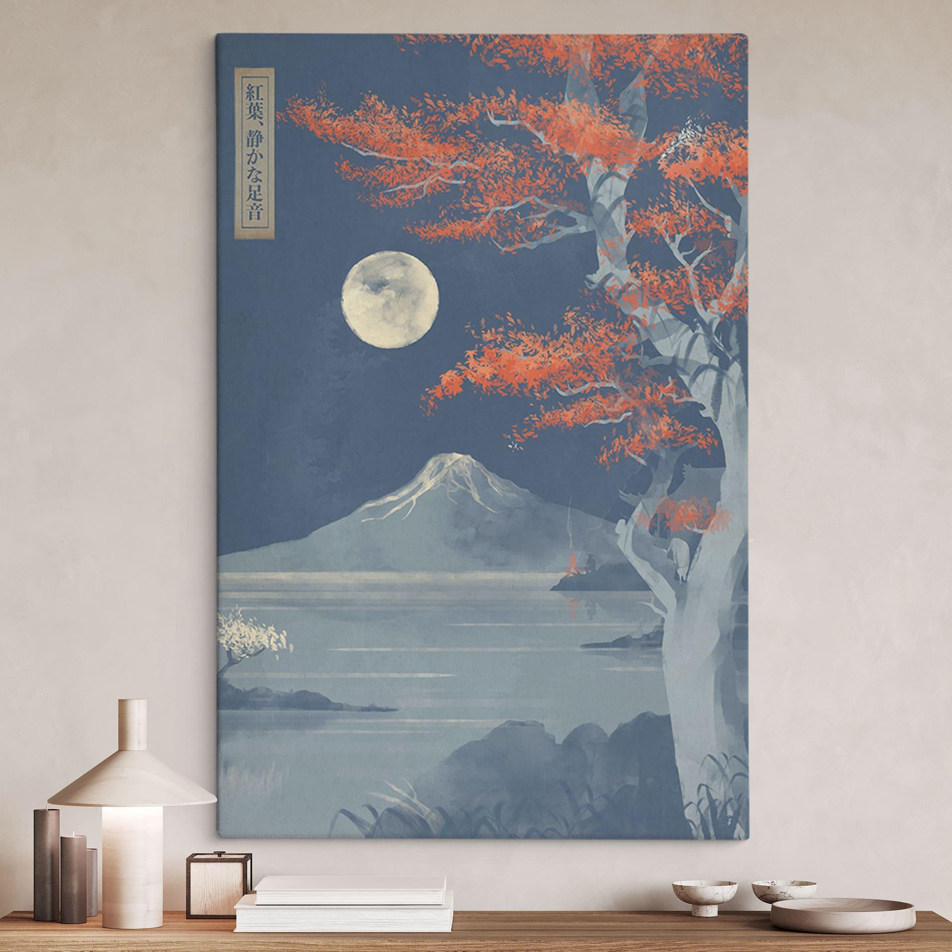 Canvasbillede fuldmåne over toppen af Fuji-san | Vintage Art - Roze