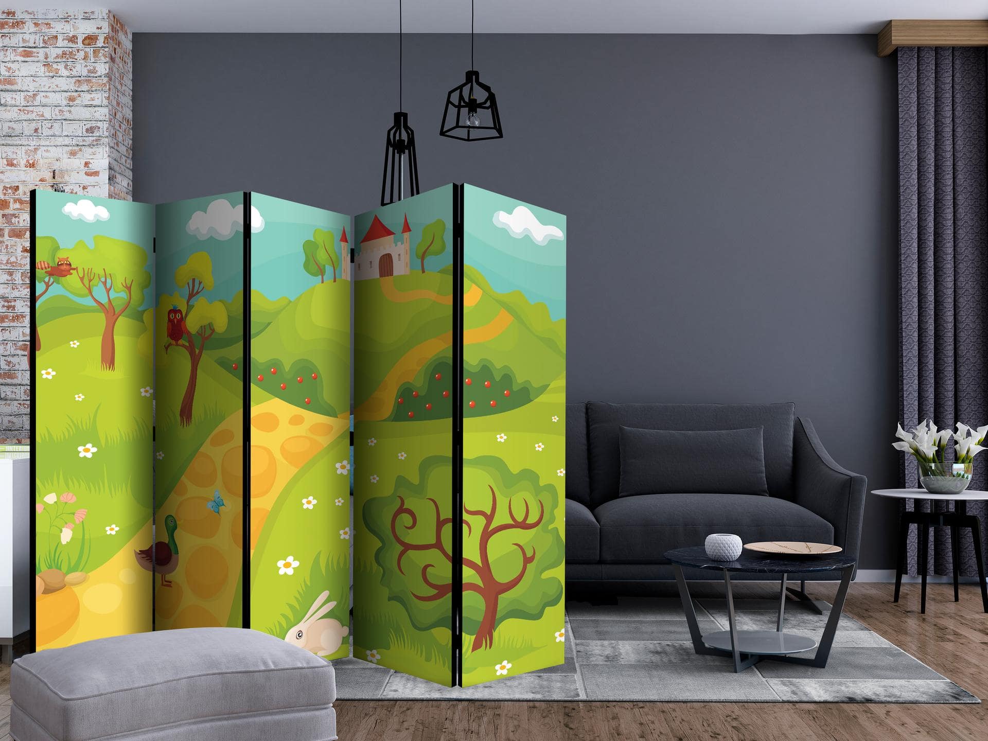 Schermo divisorio - Un sentiero per un castello magico , 5 pezzi - 225x172 cm