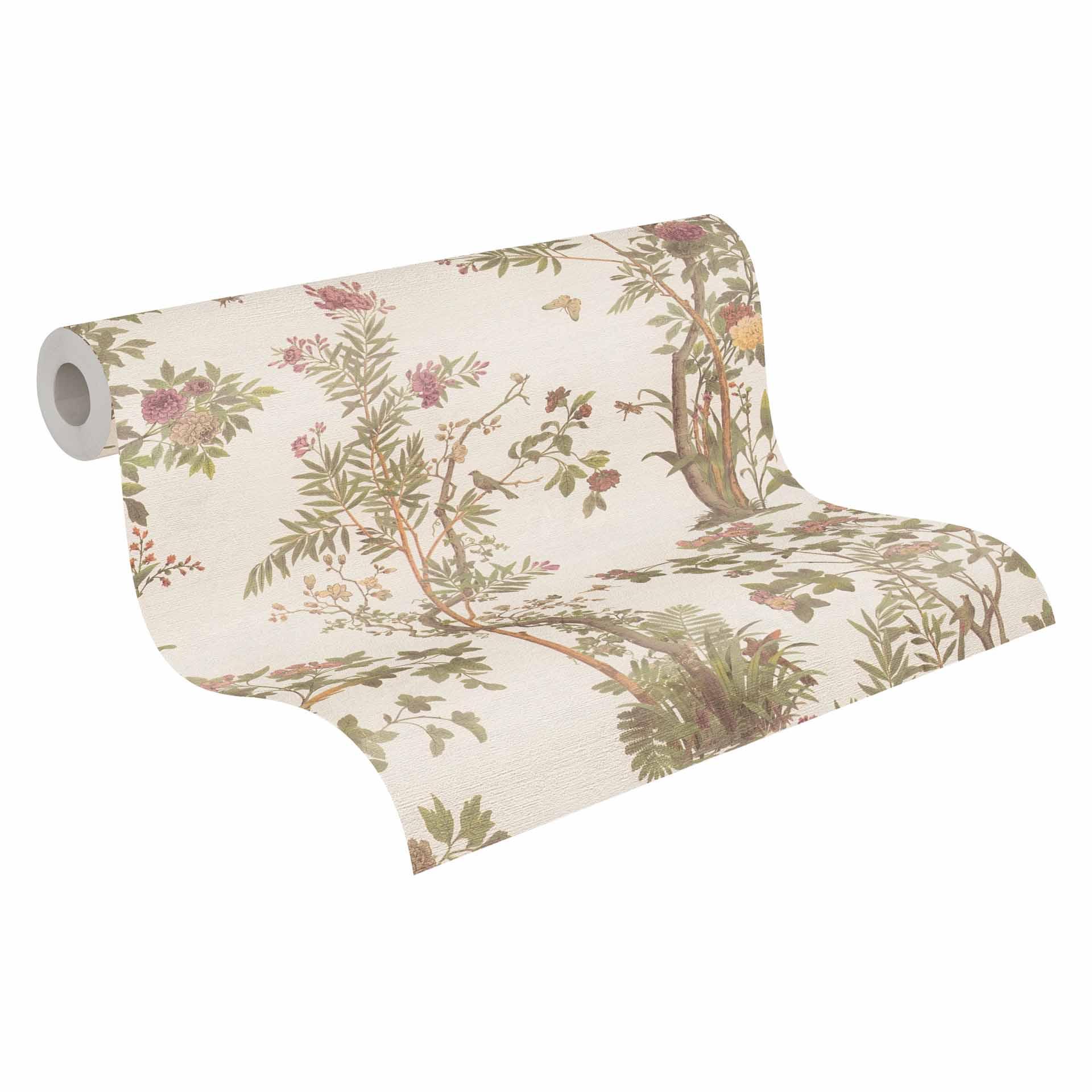 Bloemenpatroon behang met vlinders beige groen roze - Vliesbehang natuurmotief