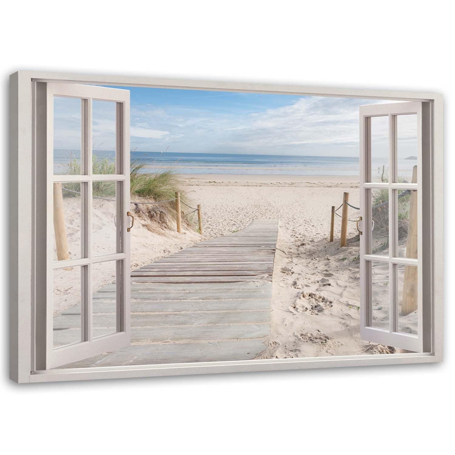 Canvasbillede, Vinduesudsigt strand havlandskab