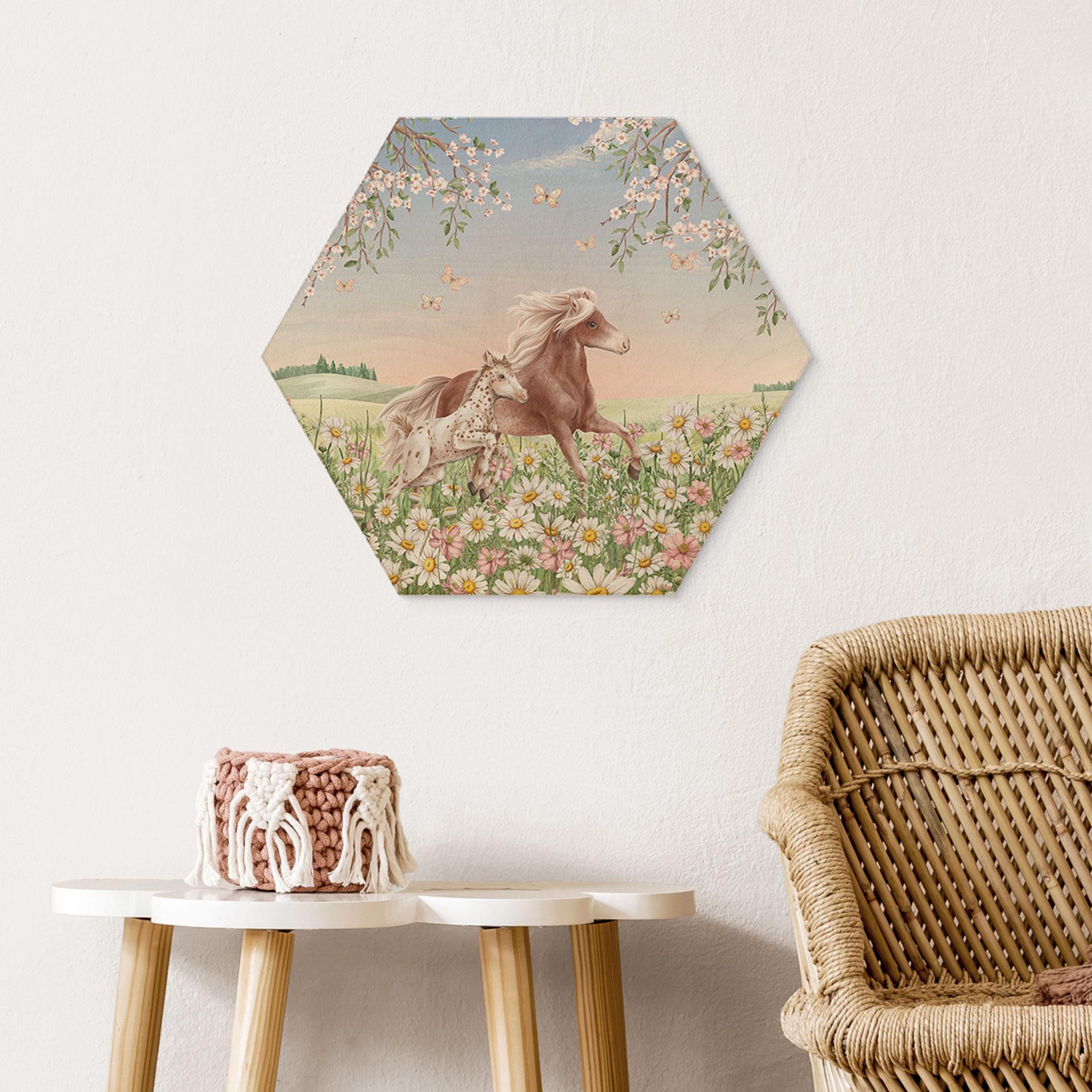 Hexagon Holzbild Pferde auf der Blumenwiese - Kikki Belle