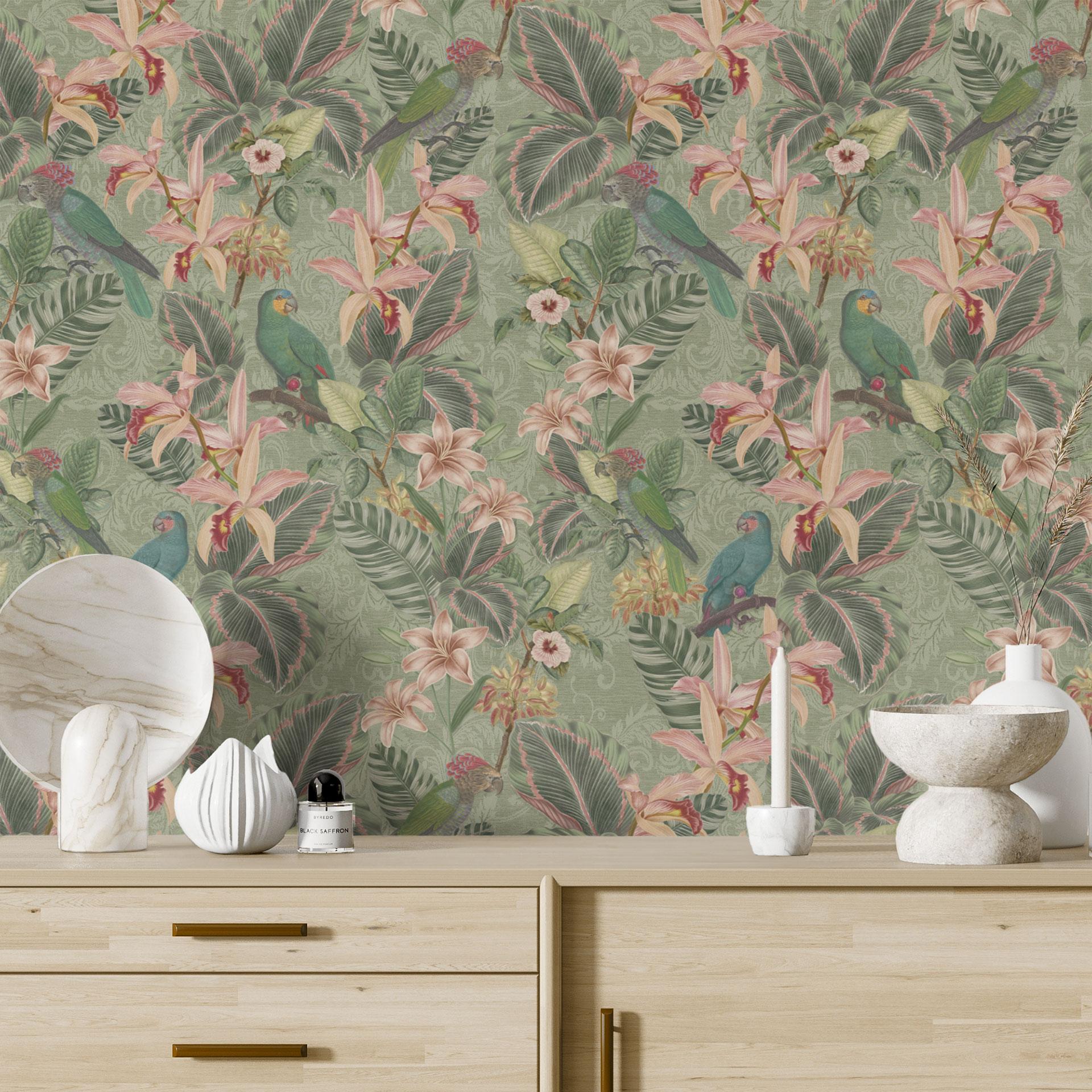 Tapet med mønster i junglen og papegøjer i grønt - Bloomery Decor