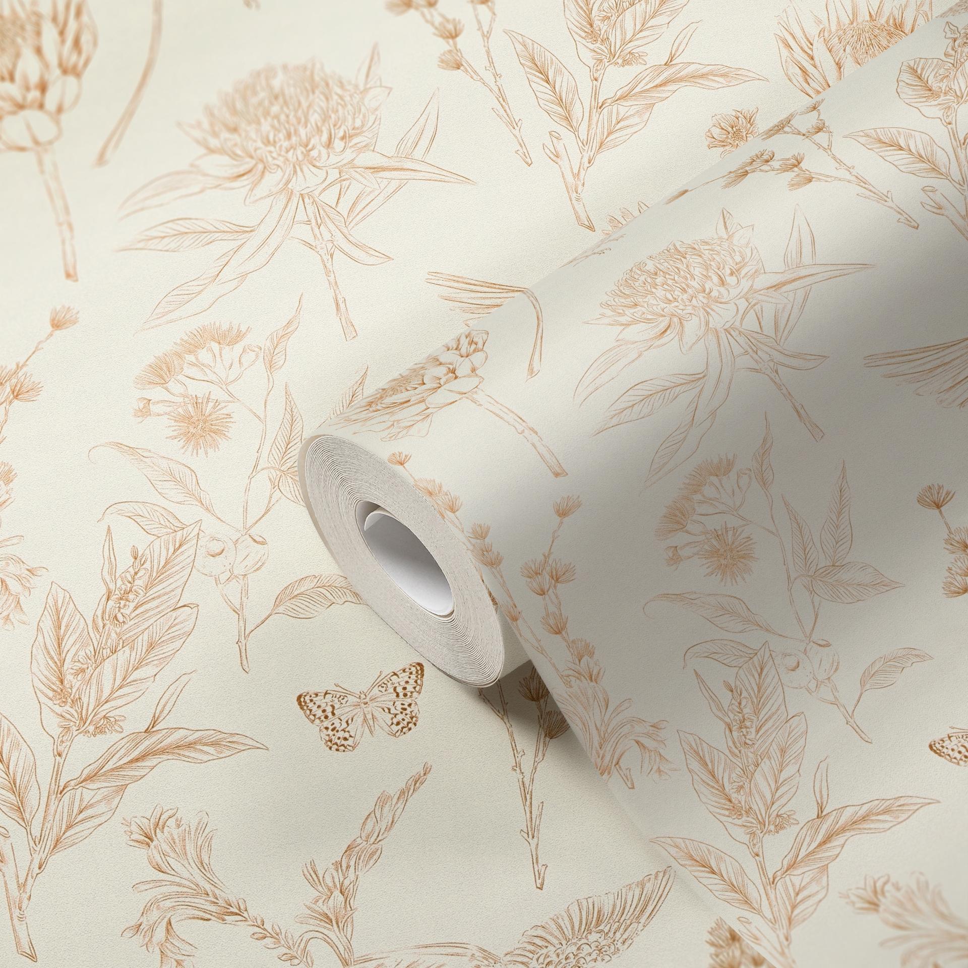 vliesbehang met bloemen en vogels wit bruin - behang bloemmotieven in karakterstijl