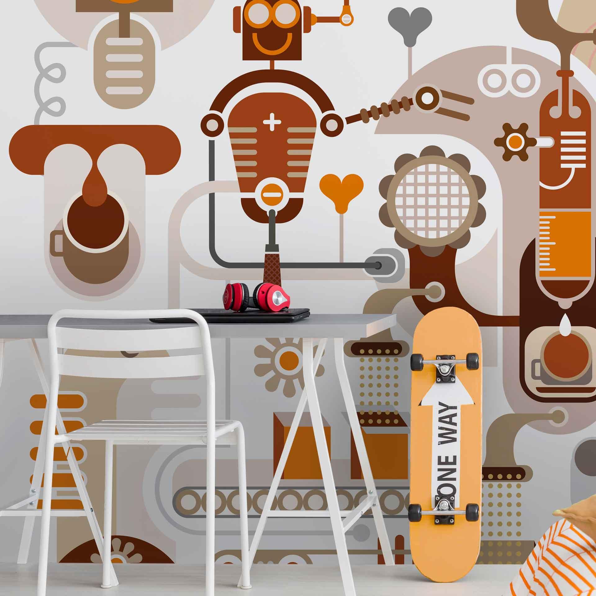 Retro Robot tapet i hvid beige - non-woven tapet Designwalls 2 - 2,55 x 3,5 m
