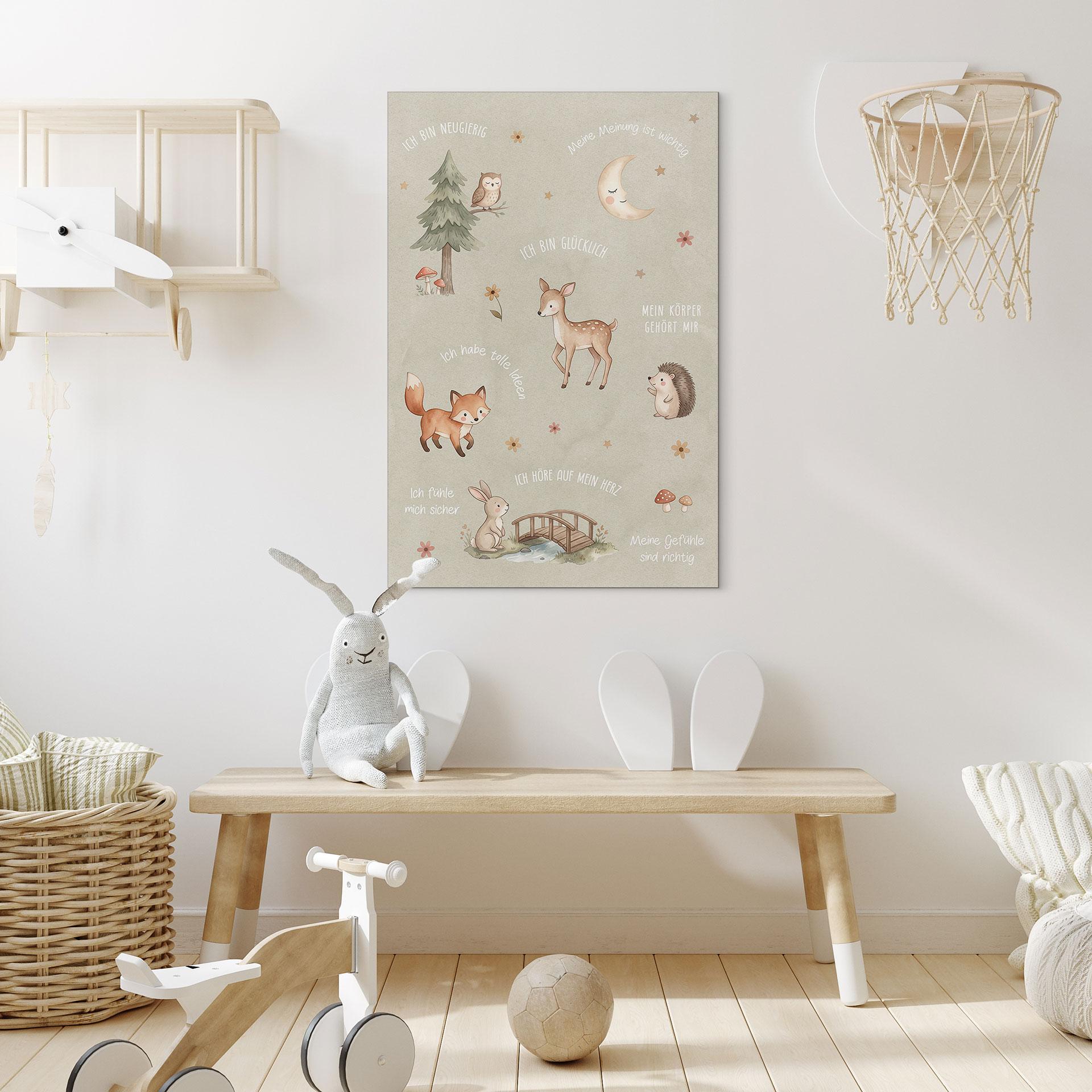 Alu-Dibond Wandbild - Affirmationen Wald mit Eule, Fuchs & Co. für Kinder
