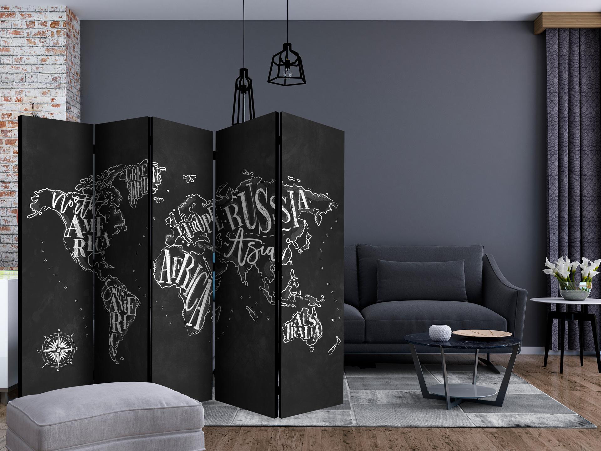 Schermo divisorio - Retro Continents (Nero) , 5 pezzi - 225x172 cm