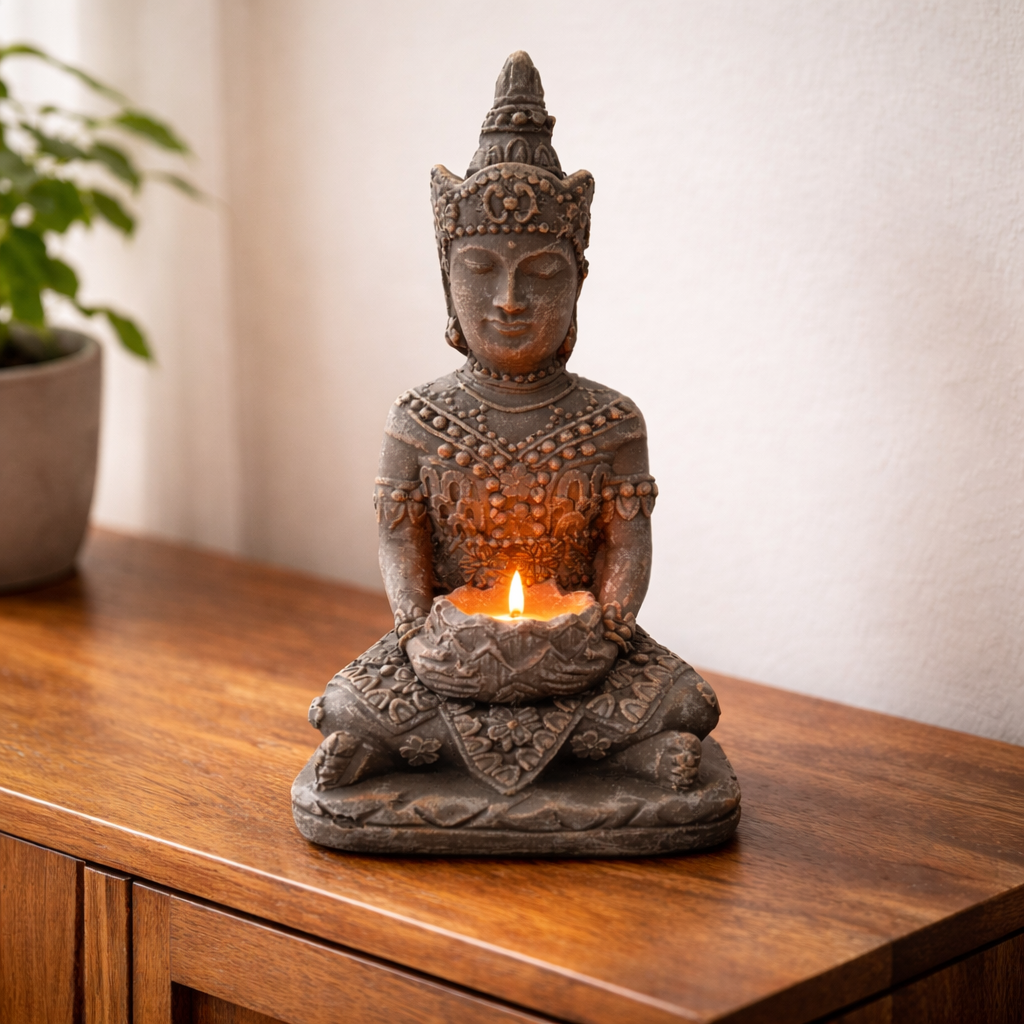Meditierender Buddha aus Kunststein, betongrau | 15x11x25 cm