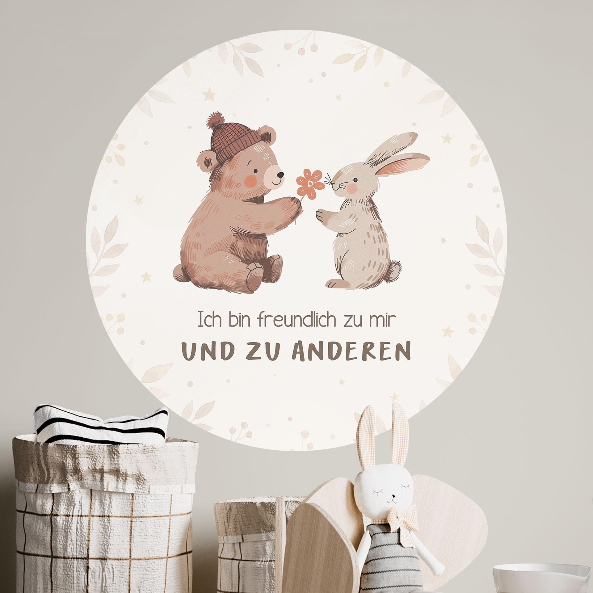 Rundes Wandtattoo mit Bär und Hase - Mutmachspruch 'Ich bin freundlich' fürs Kinderzimmer
